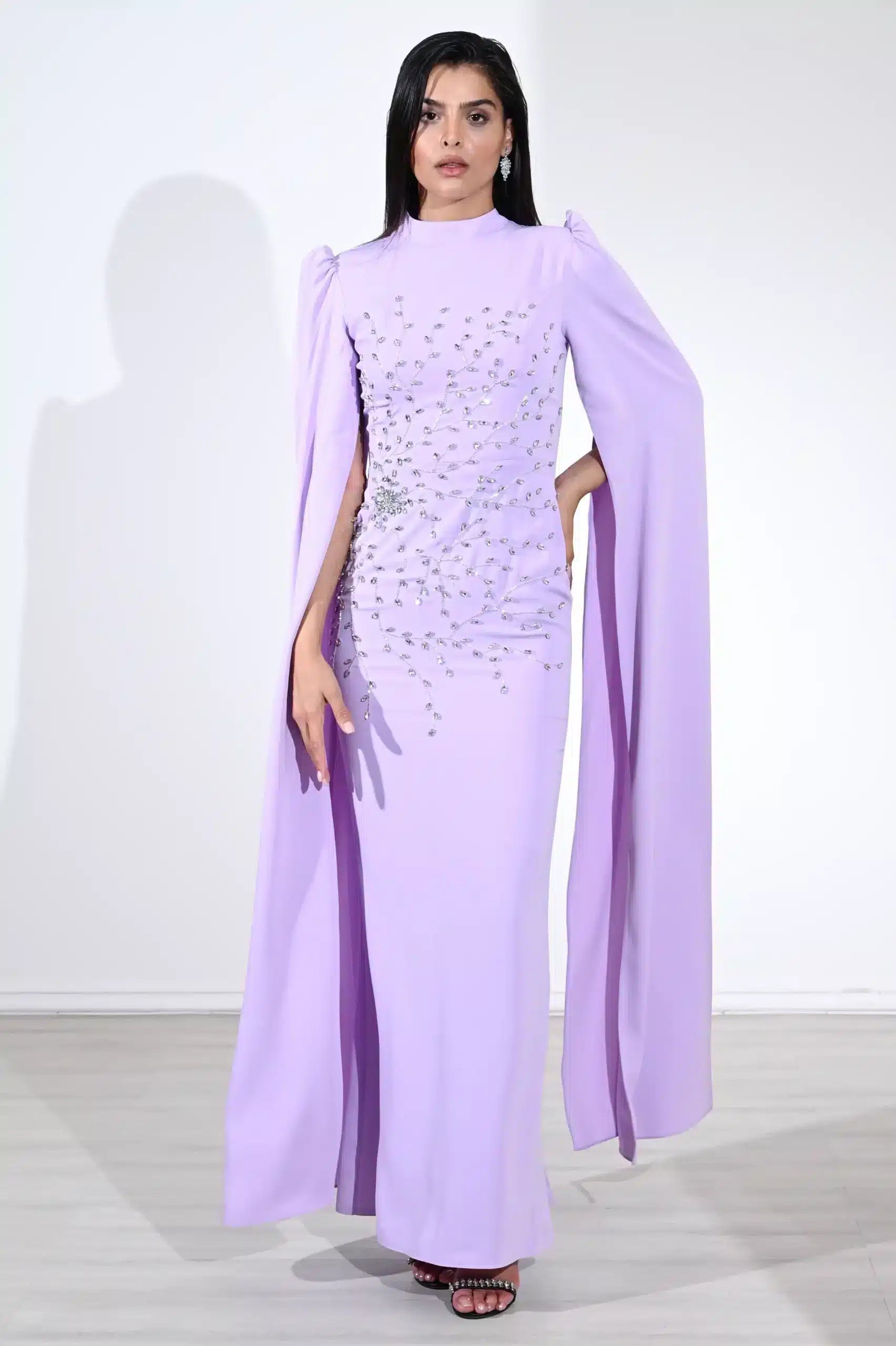 Cape Sleeve Crystal Tree Crepe Dress