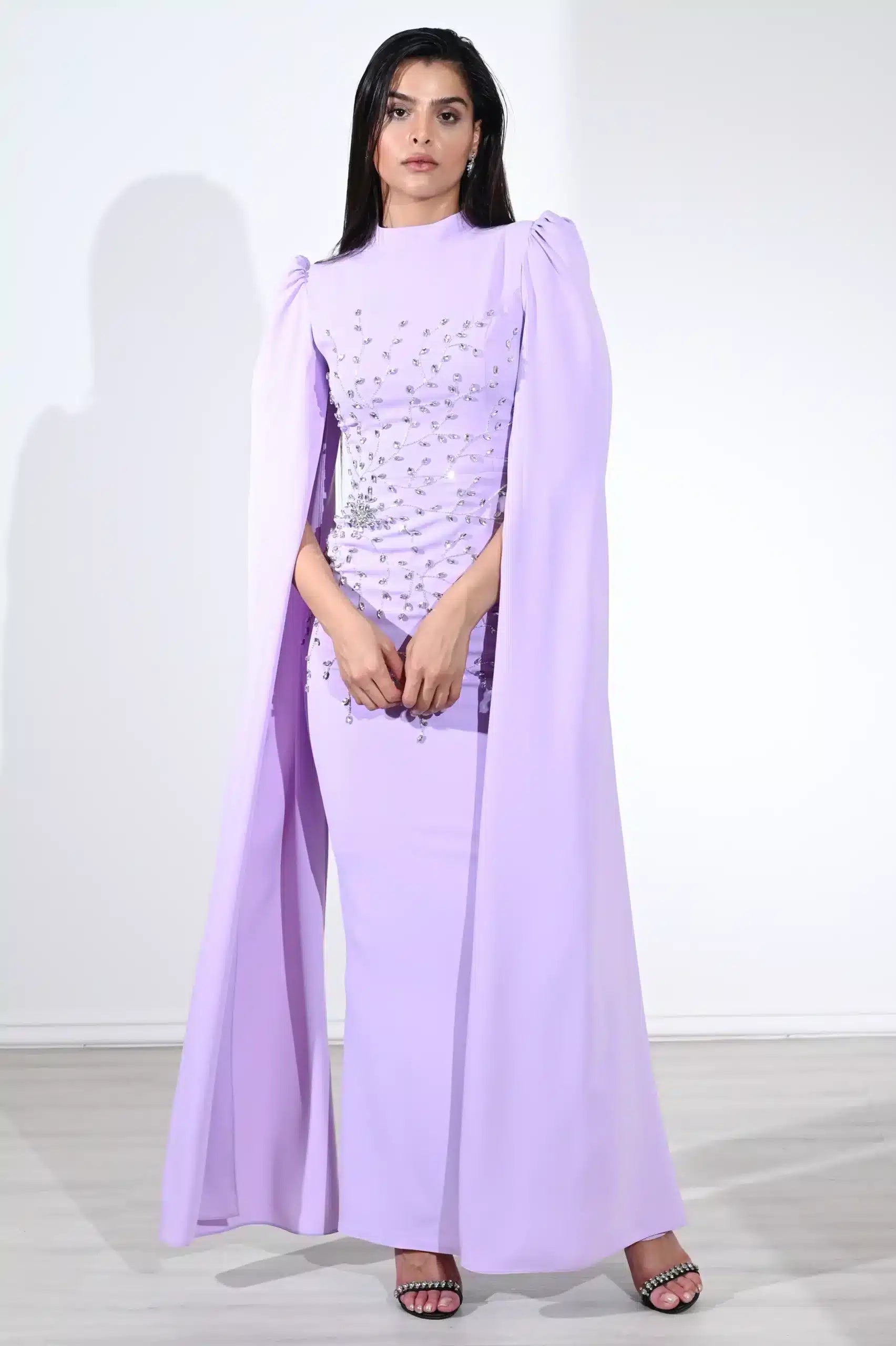 Cape Sleeve Crystal Tree Crepe Dress