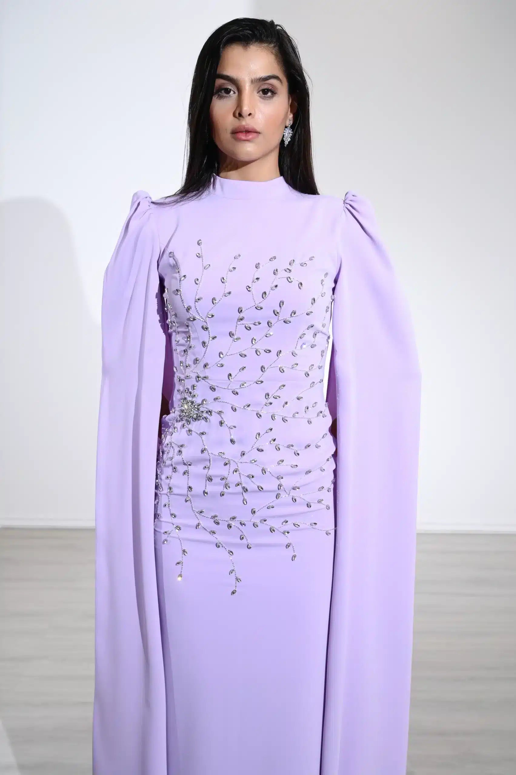 Cape Sleeve Crystal Tree Crepe Dress