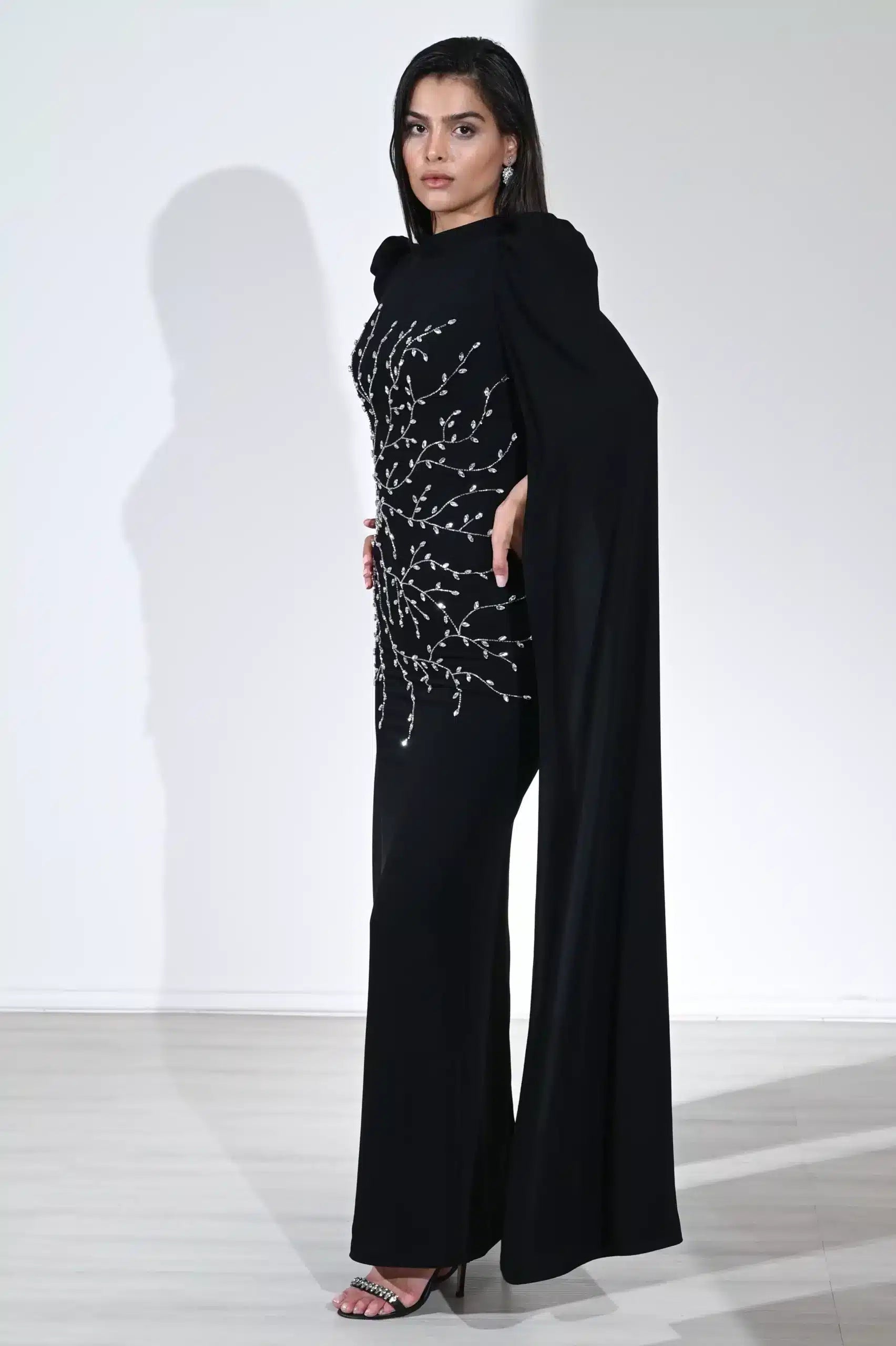 Cape Sleeve Crystal Tree Crepe Dress