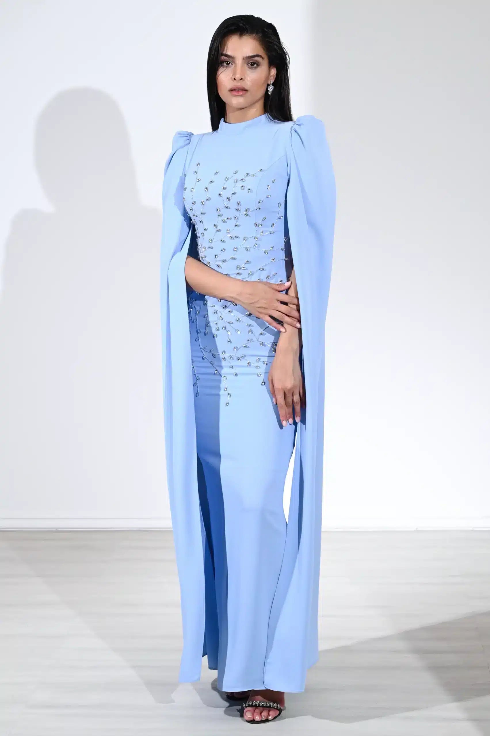 Cape Sleeve Crystal Tree Crepe Dress