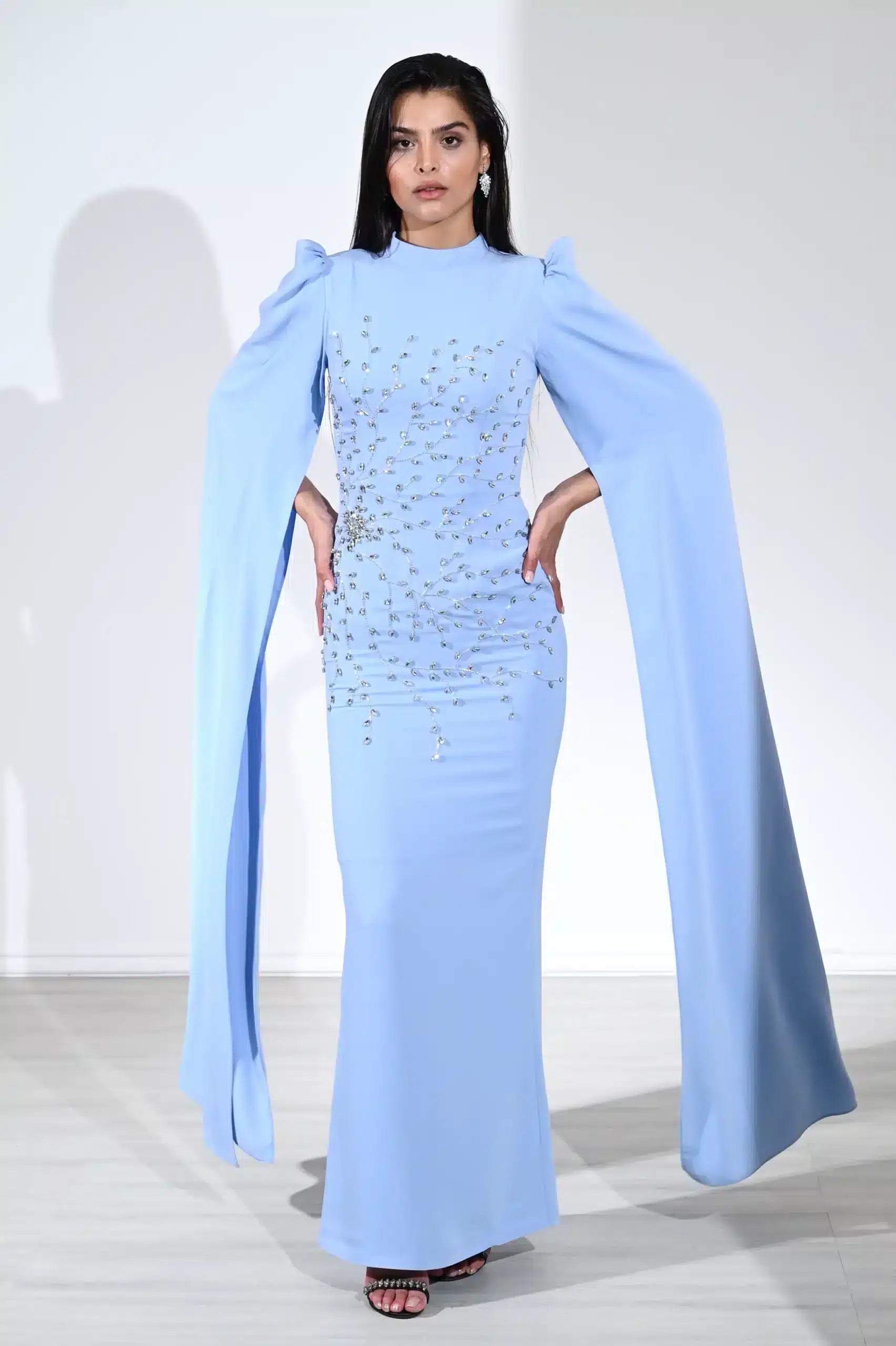 Cape Sleeve Crystal Tree Crepe Dress