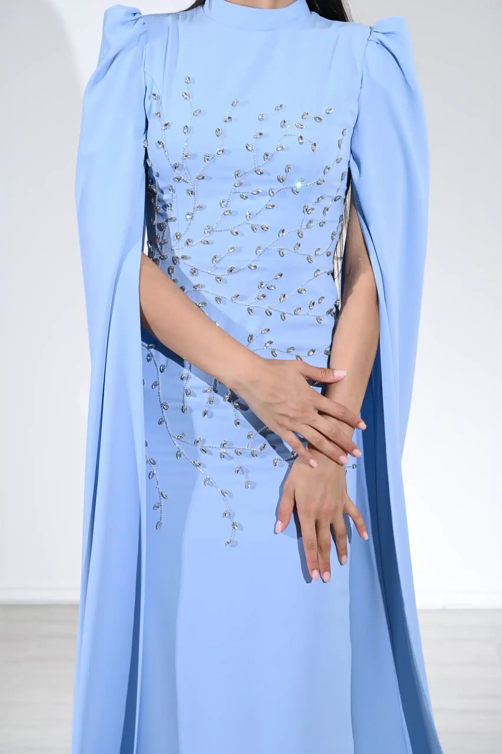 Cape Sleeve Crystal Tree Crepe Dress