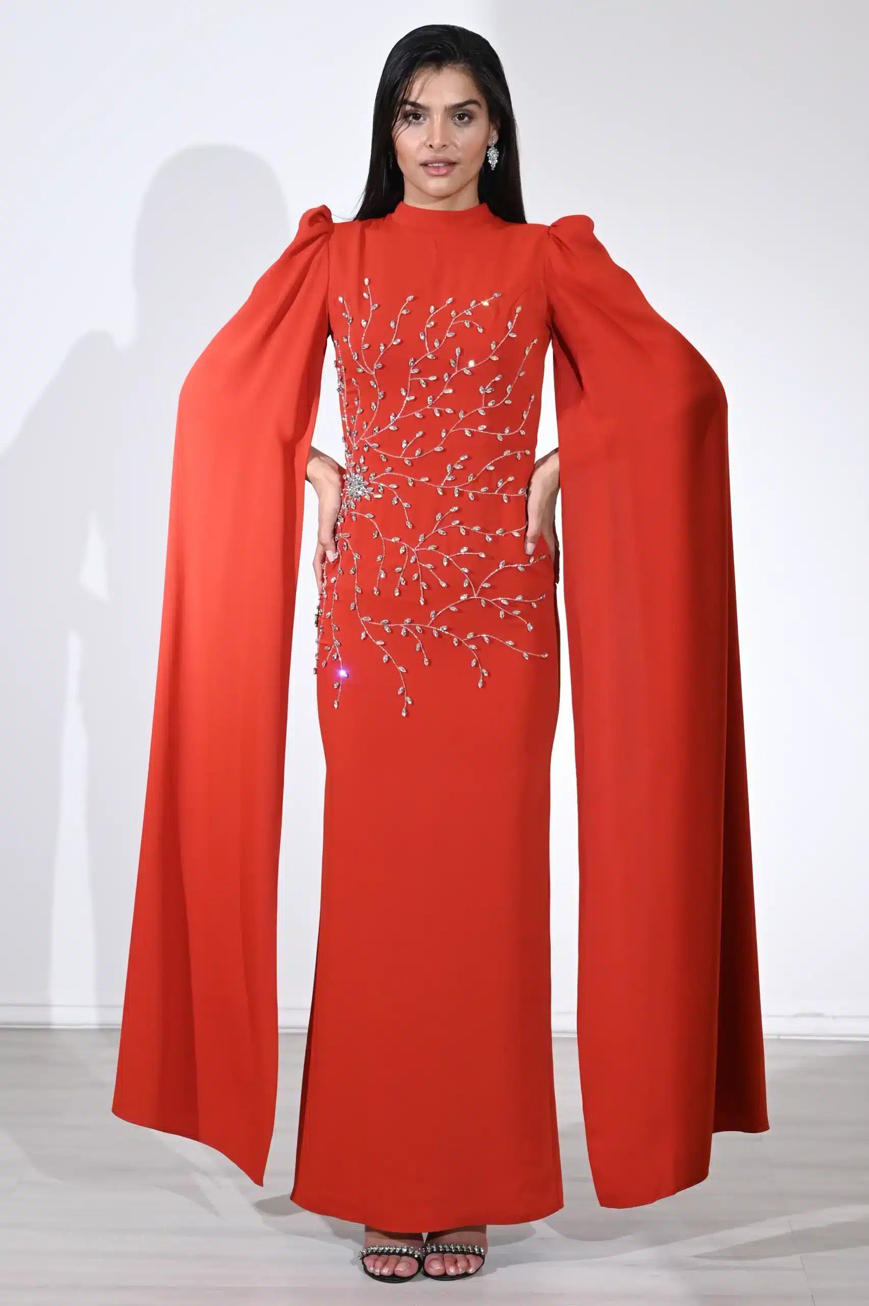 Cape Sleeve Crystal Tree Crepe Dress