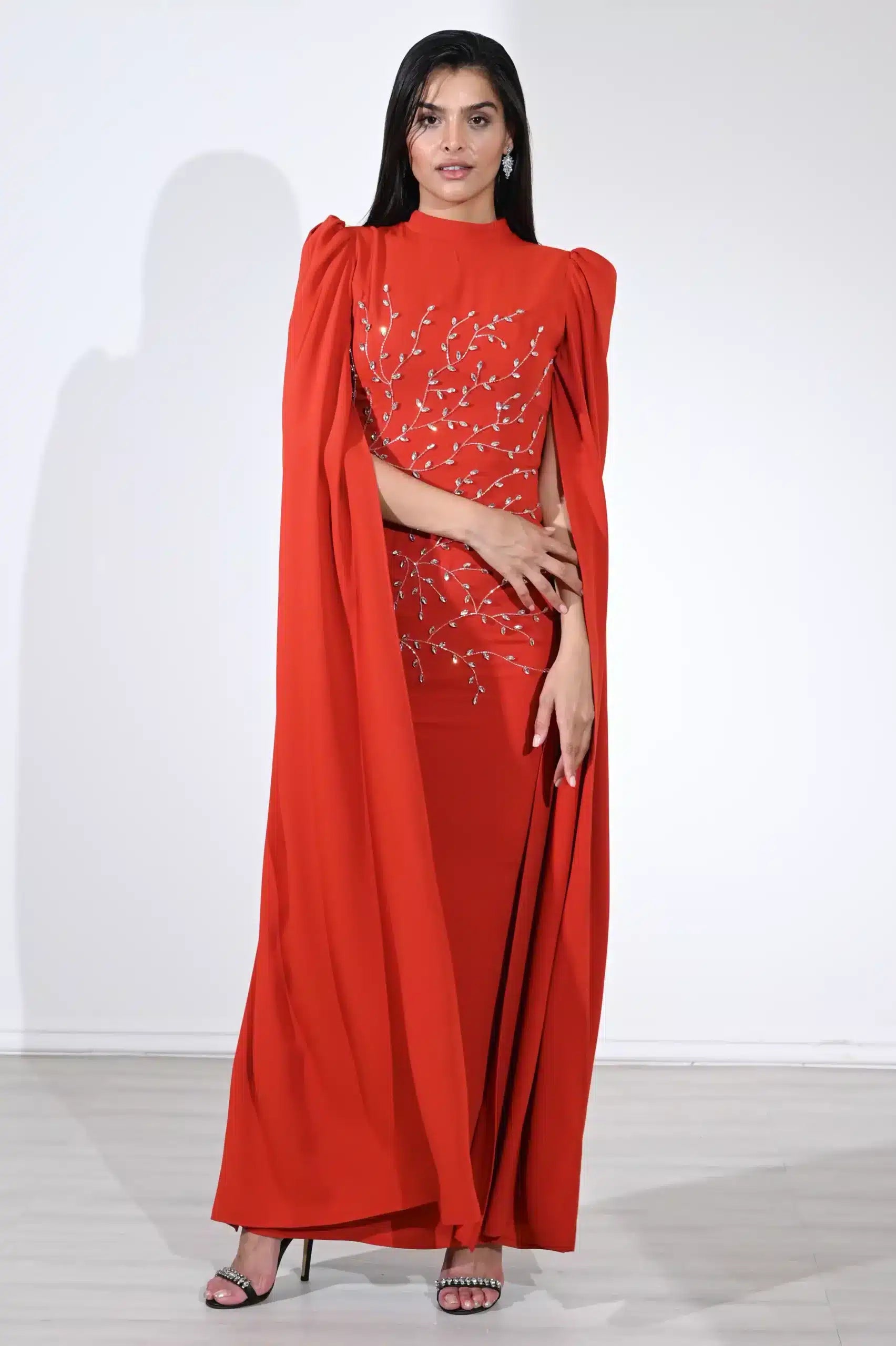 Cape Sleeve Crystal Tree Crepe Dress