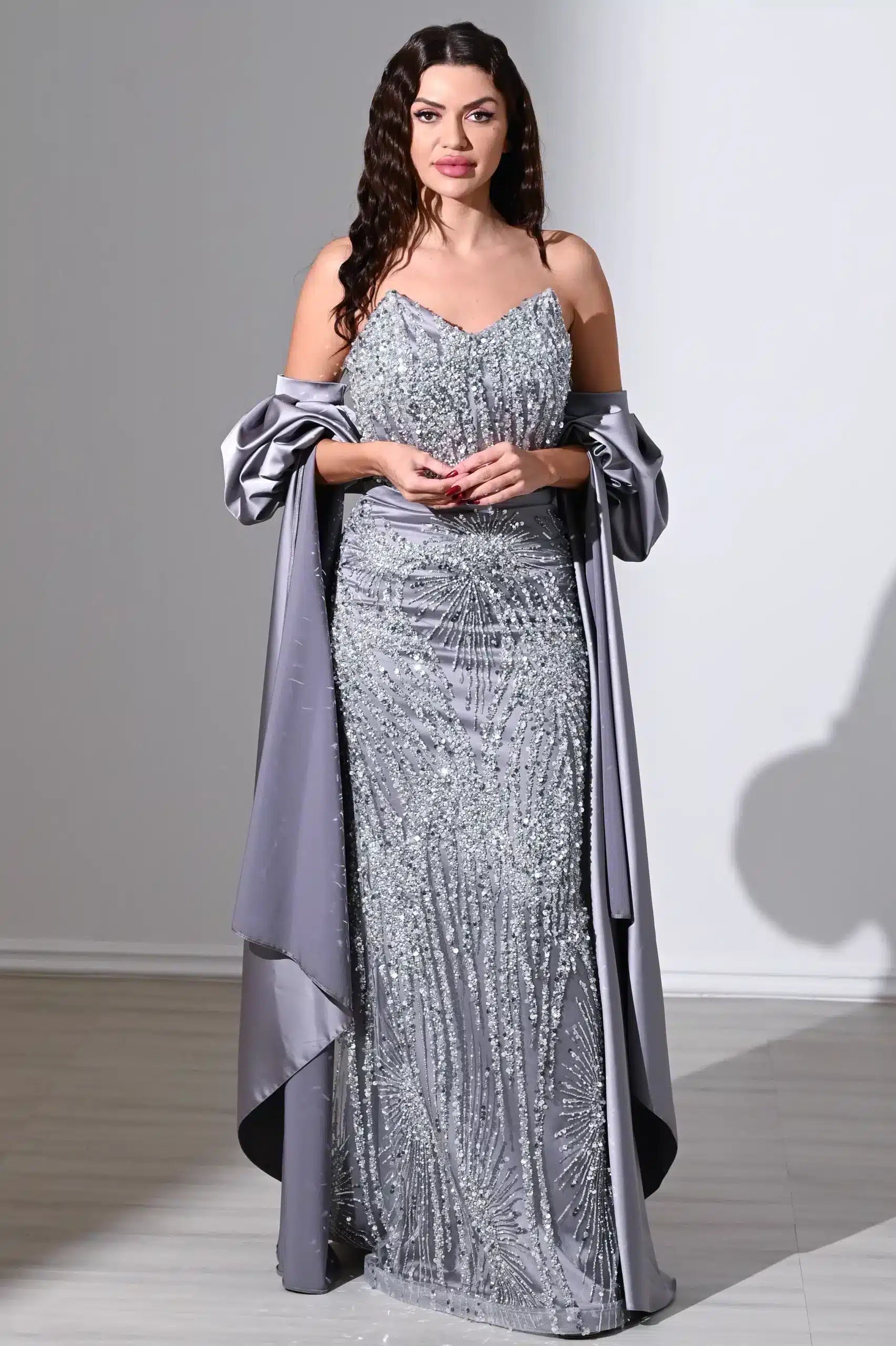 Sequin Strapless Flare Sleeves Satin Dress