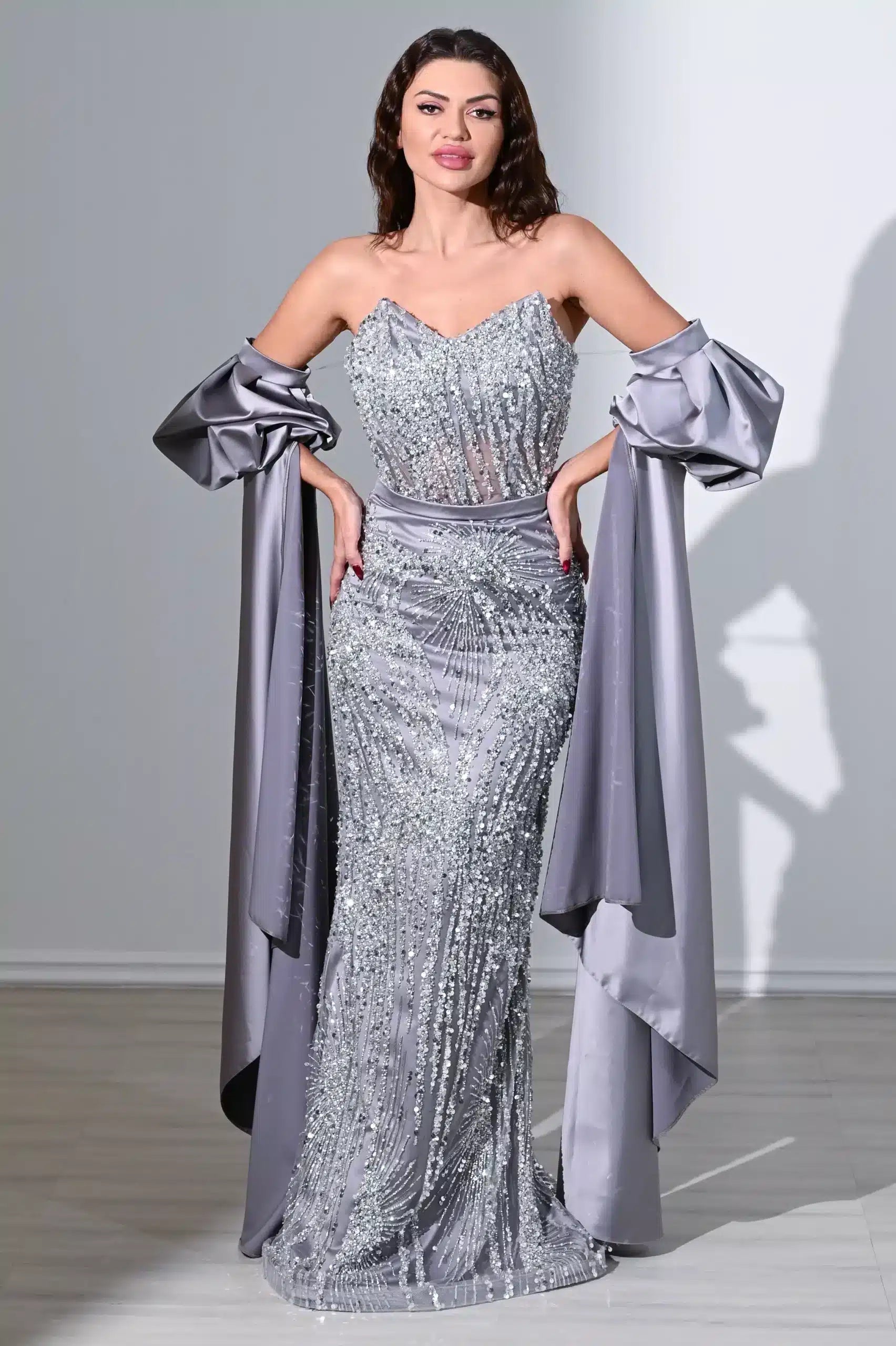 sequin strapless flare sleeves satin dress ED0782 / 995 AED