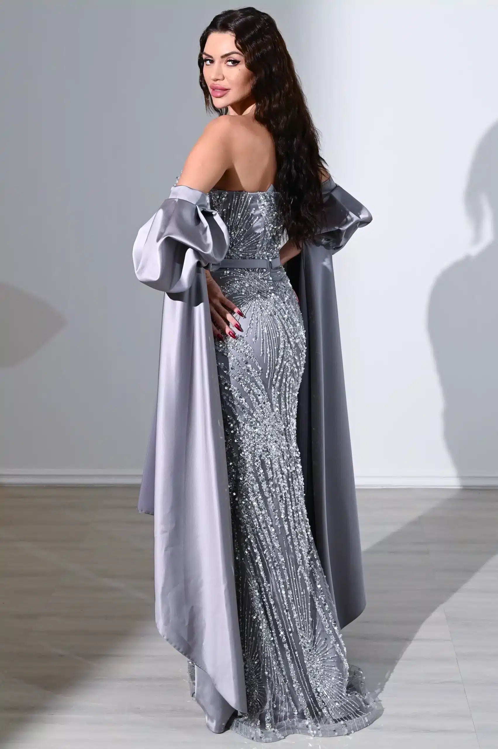 sequin strapless flare sleeves satin dress ED0782 / 995 AED