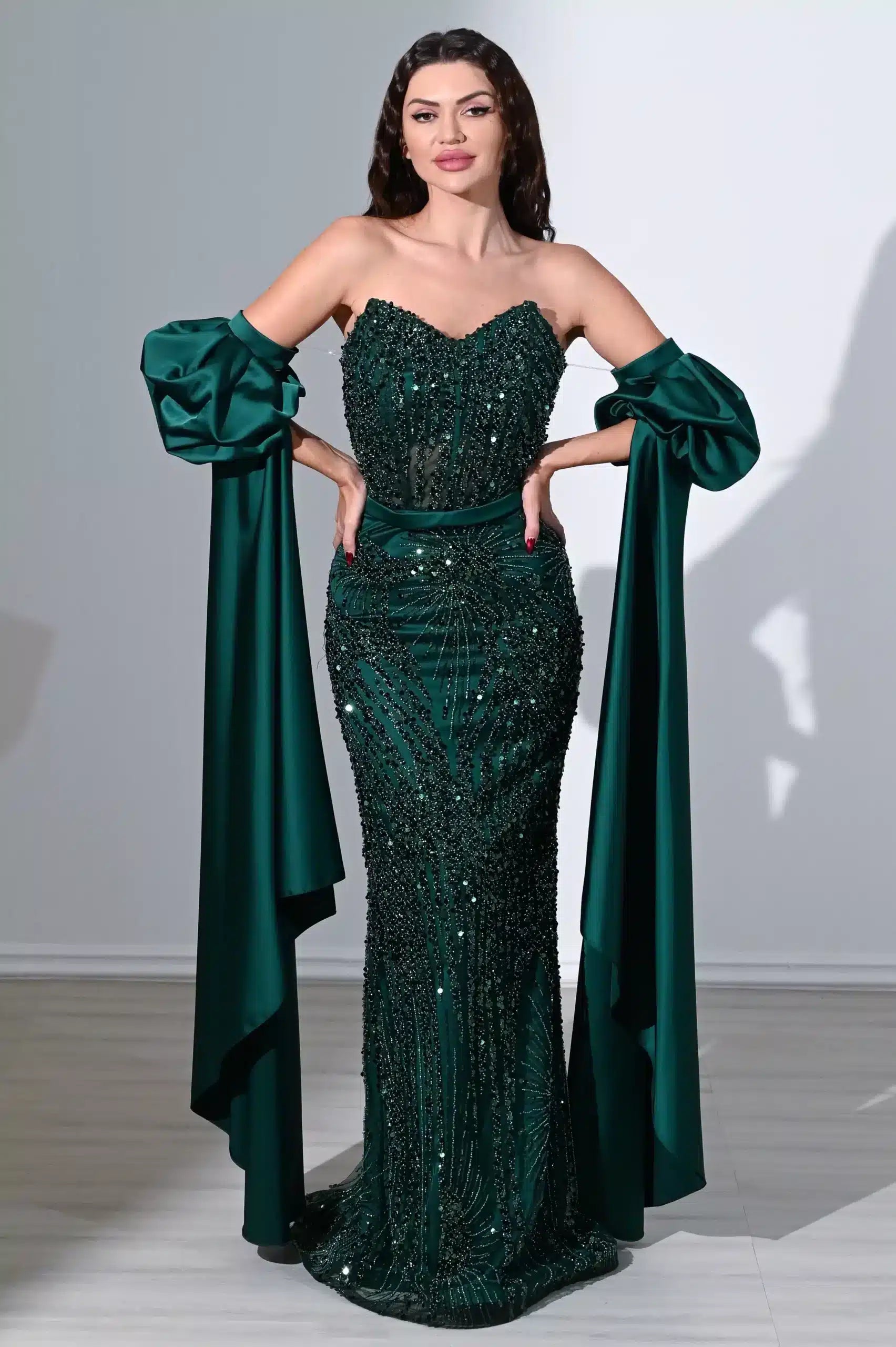 Sequin Strapless Flare Sleeves Satin Dress