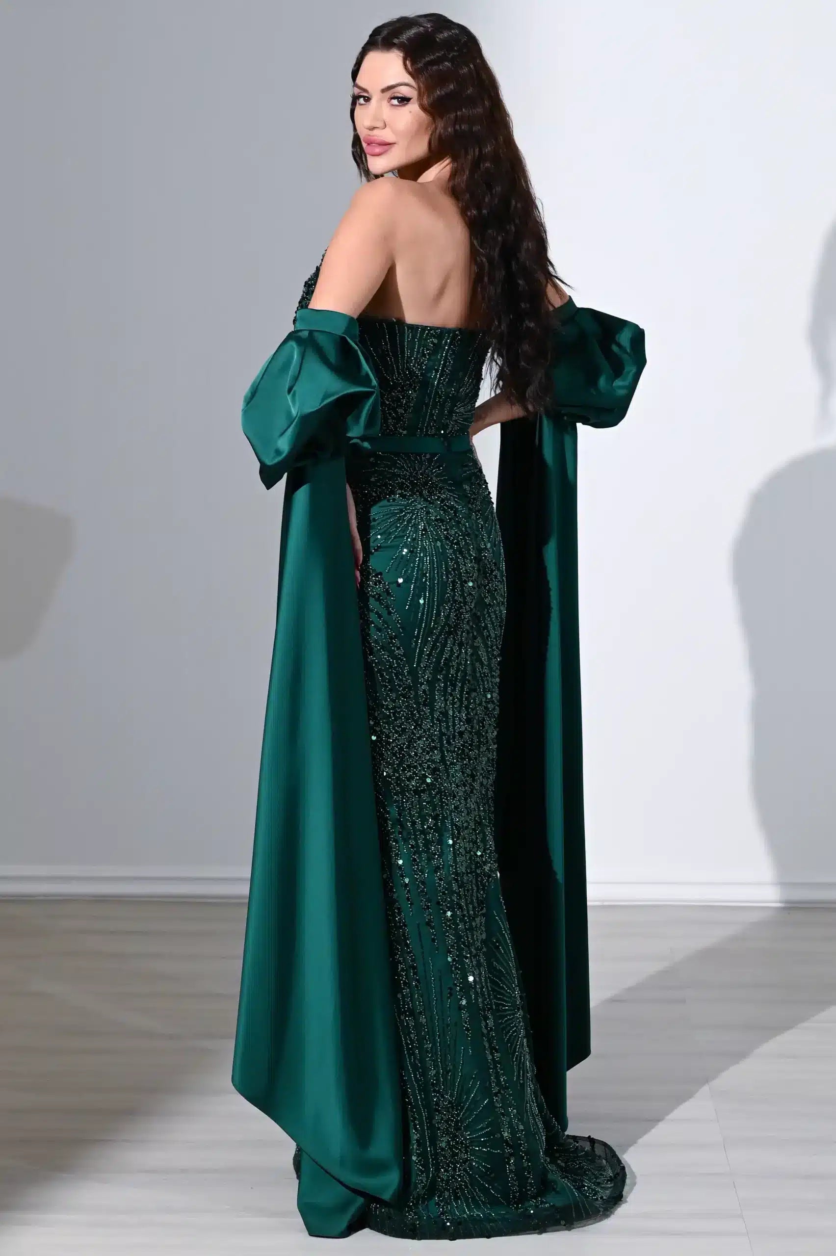 Sequin Strapless Flare Sleeves Satin Dress