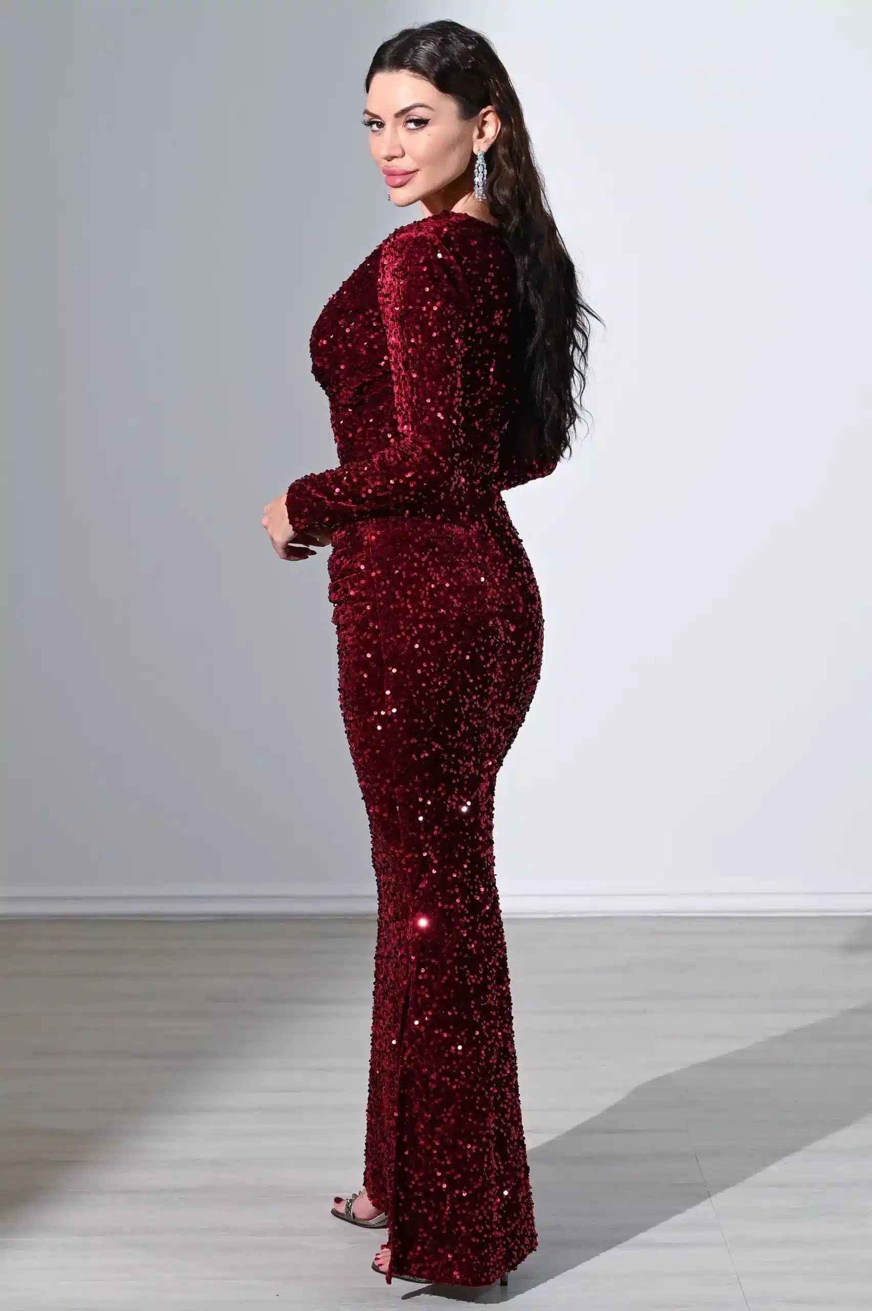 Sequin V-Neck Long Sleeves Velvet Dress
