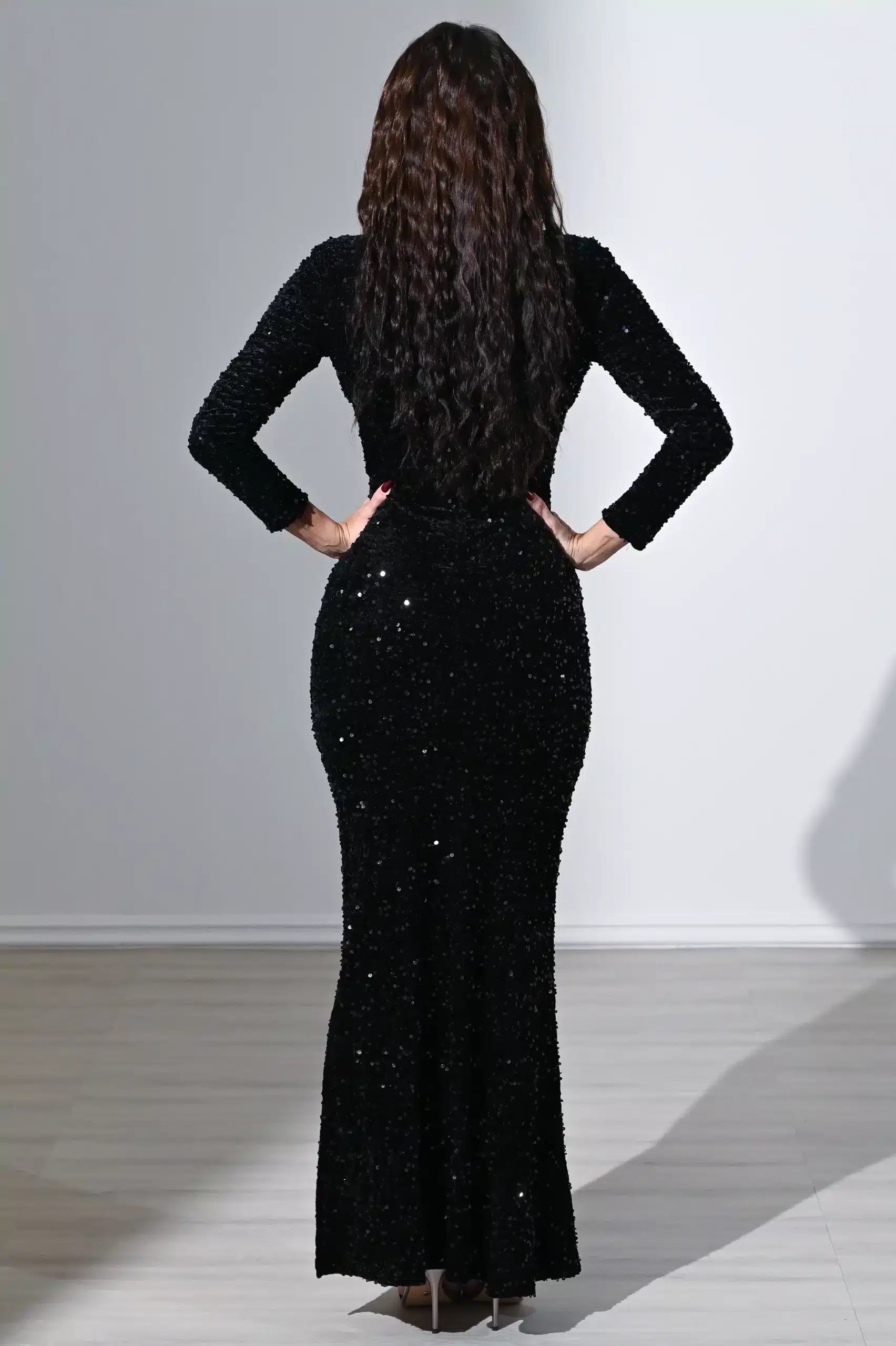 Sequin V-Neck Long Sleeves Velvet Dress