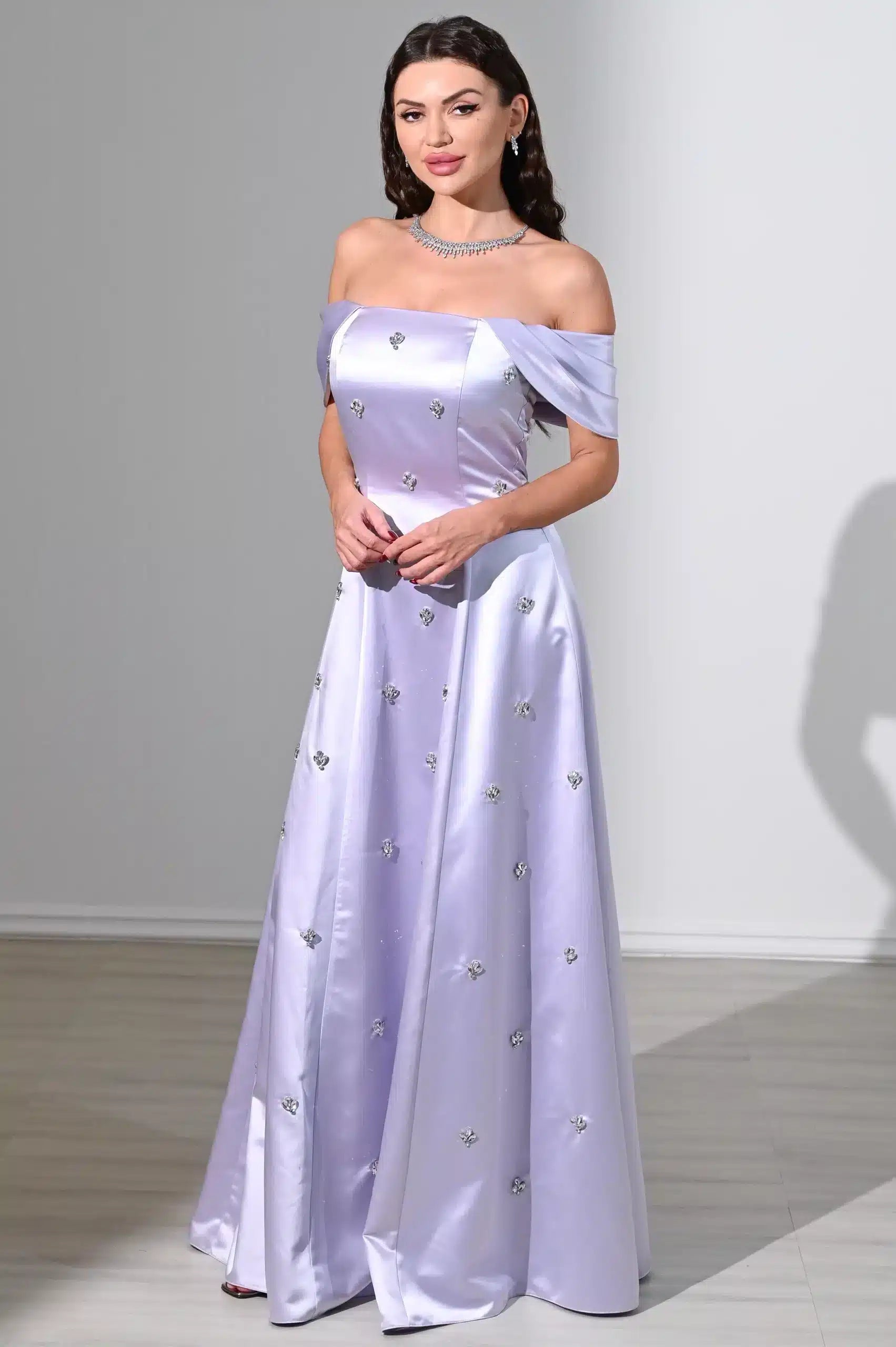 Off Shoulder Embellished A-Line Dress