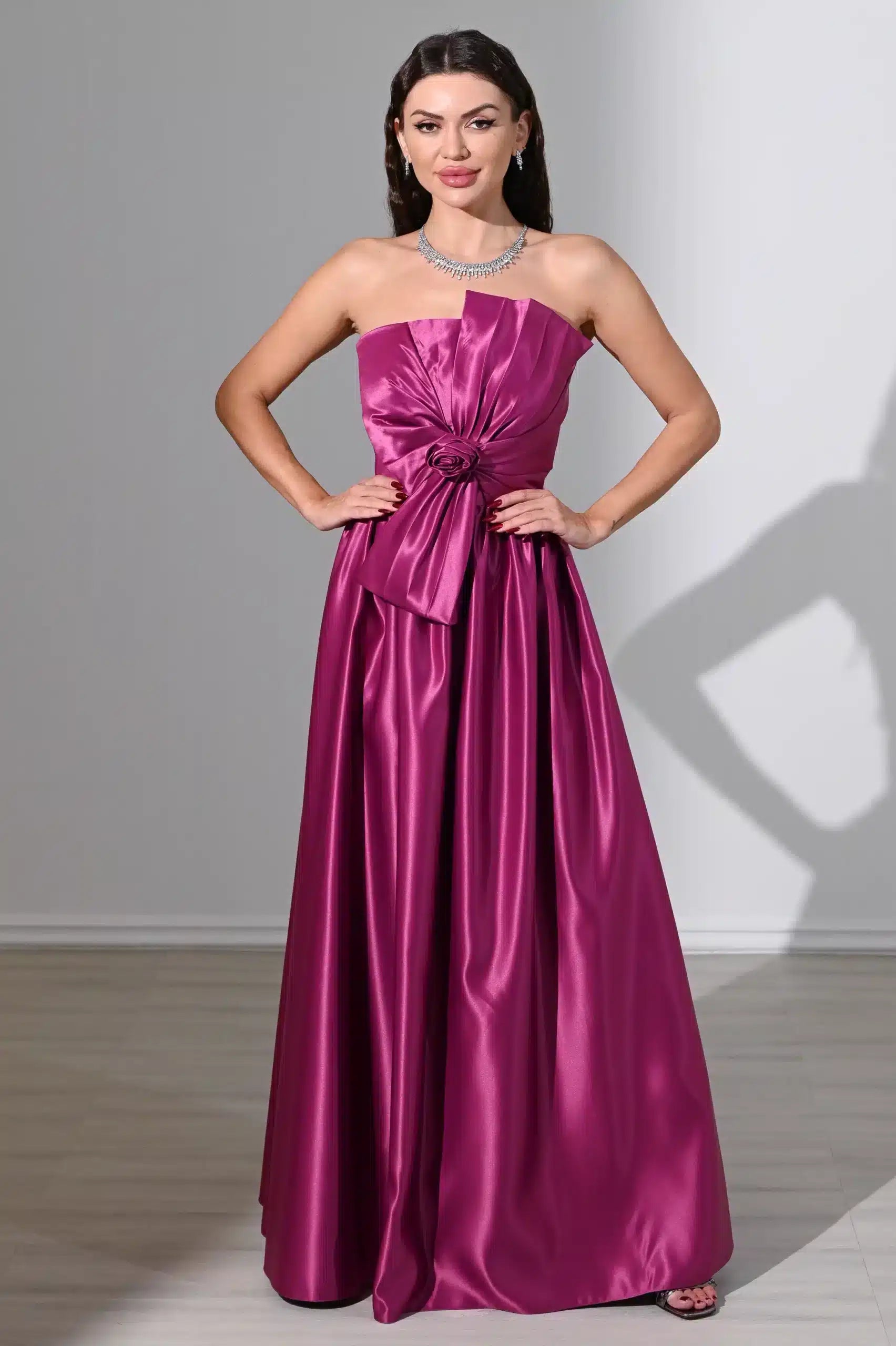 rose detailed strapless satin dress ED0775 / 465 AED