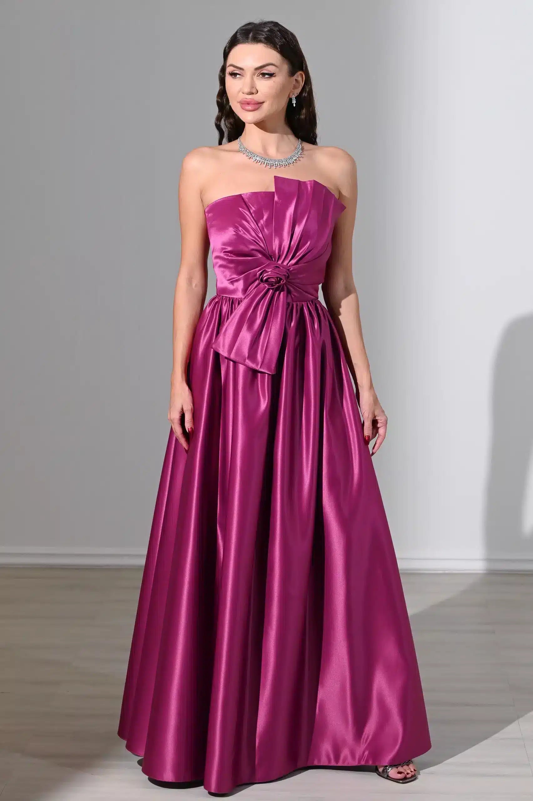 Rose Detailed Strapless Satin Dress