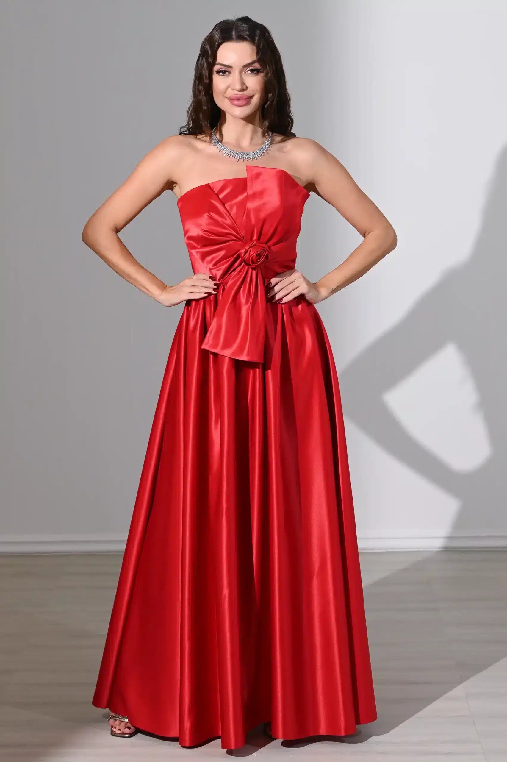 Rose Detailed Strapless Satin Dress