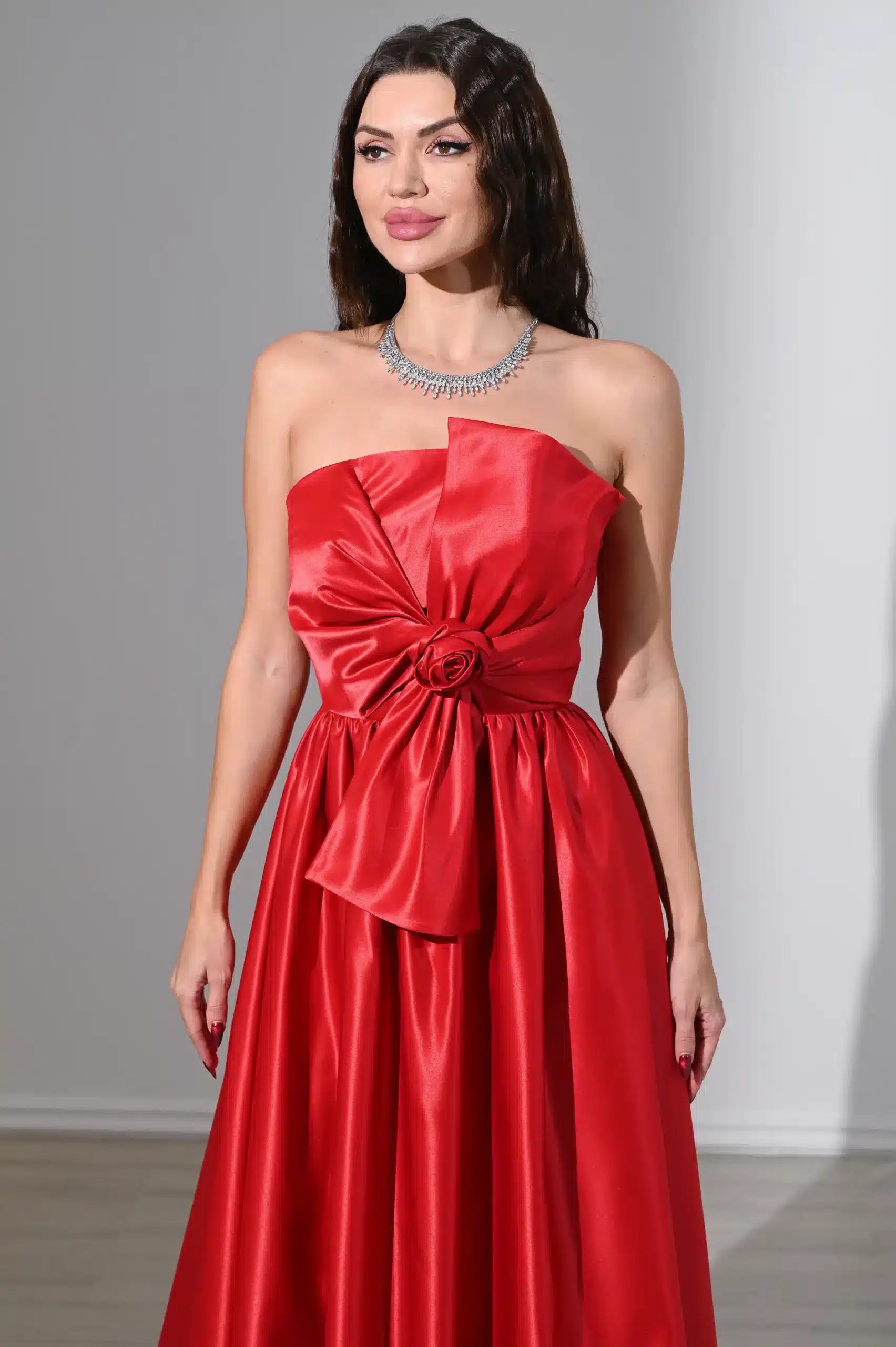 Rose Detailed Strapless Satin Dress