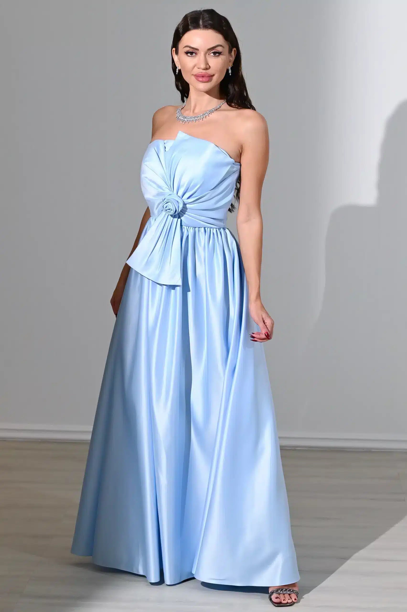 Rose Detailed Strapless Satin Dress
