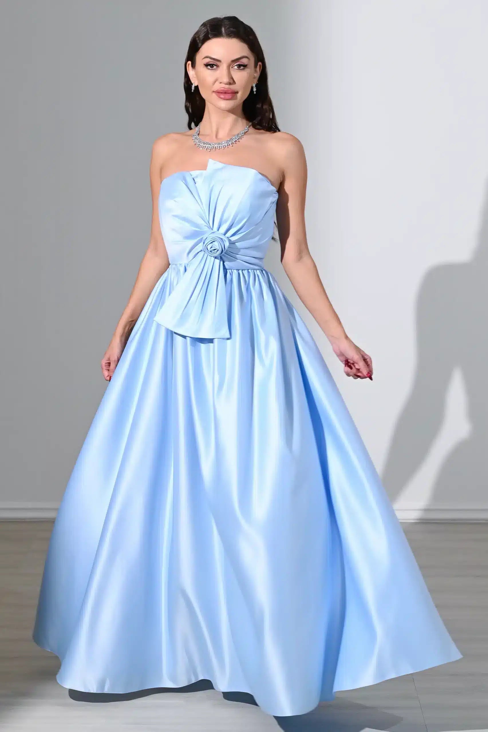 Rose Detailed Strapless Satin Dress