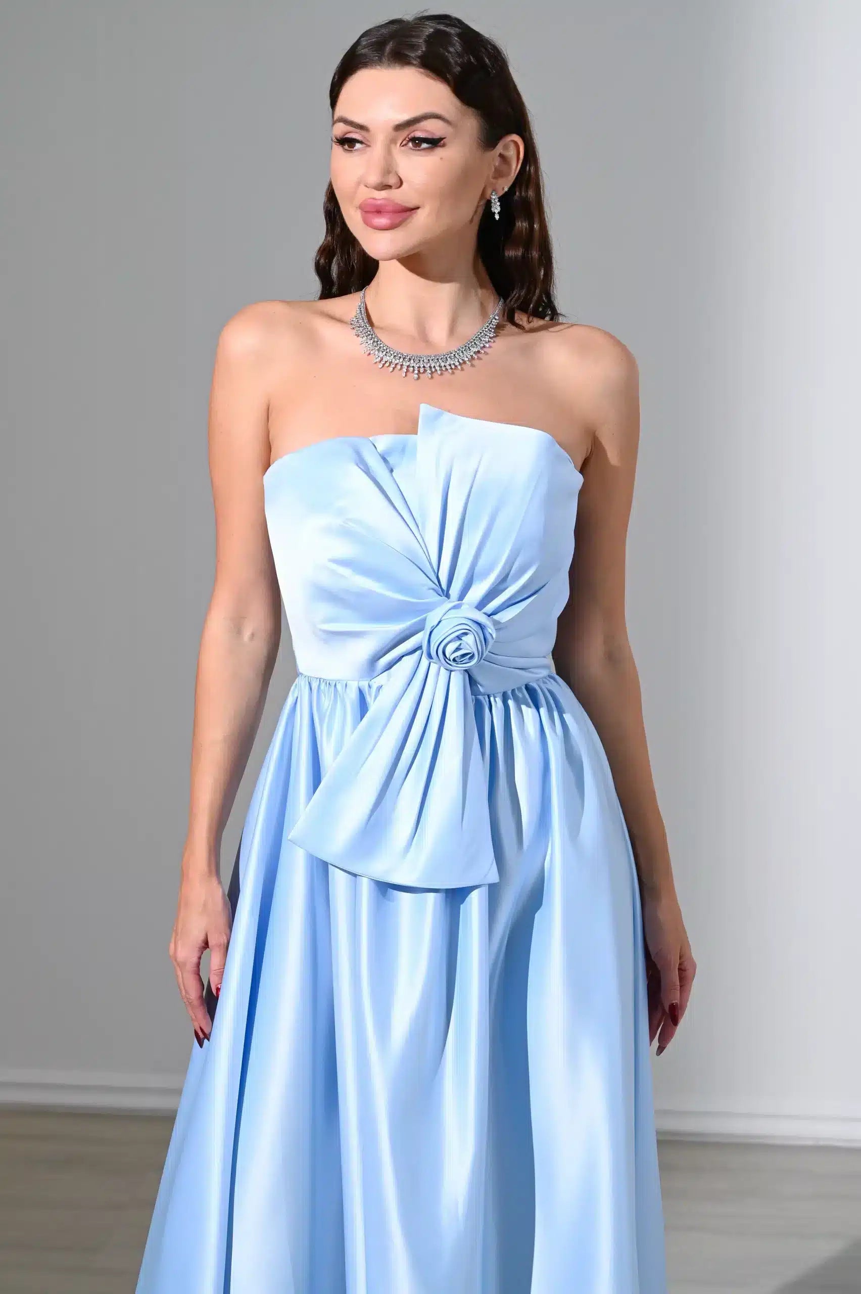 Rose Detailed Strapless Satin Dress