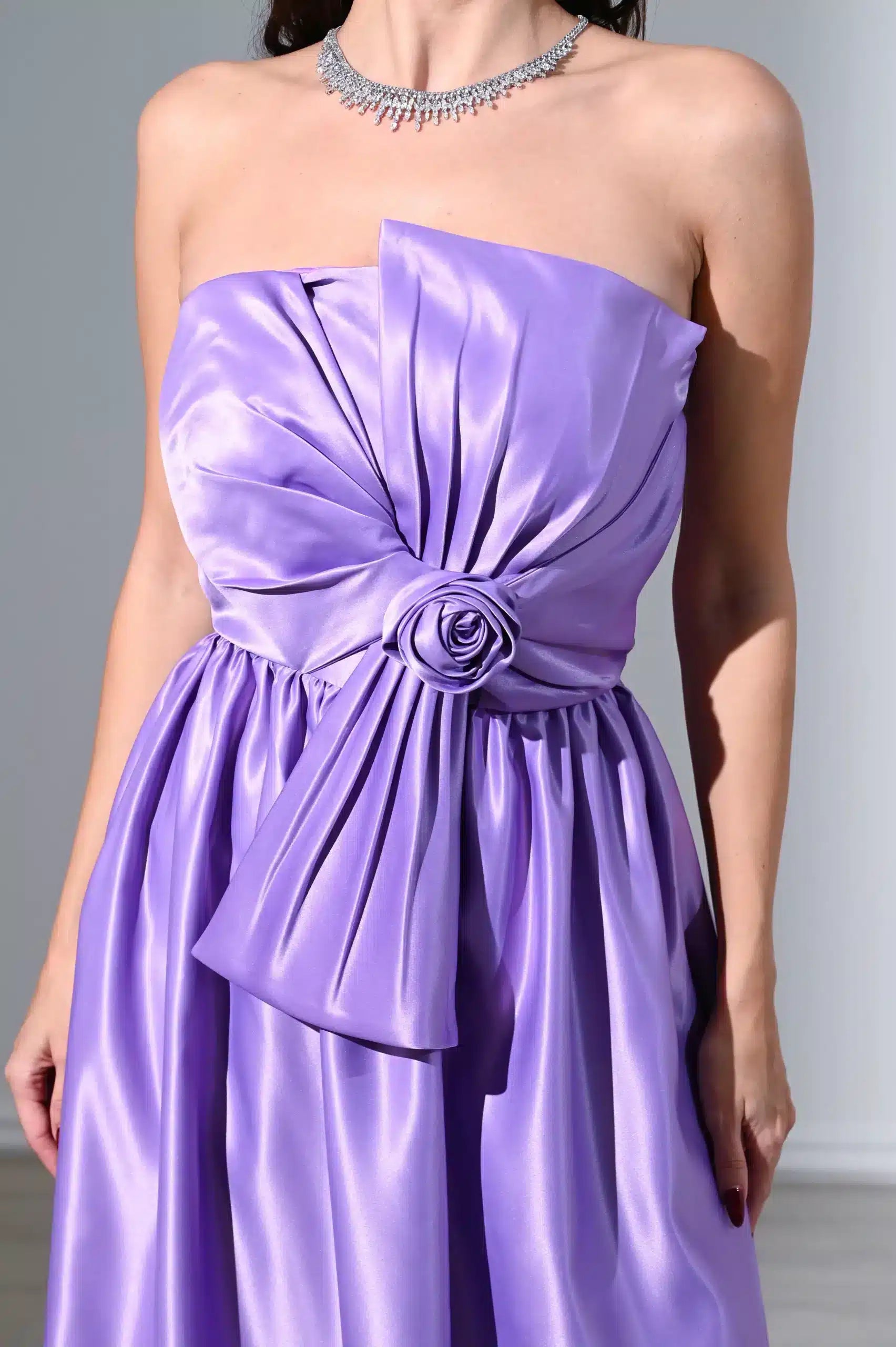 Rose Detailed Strapless Satin Dress