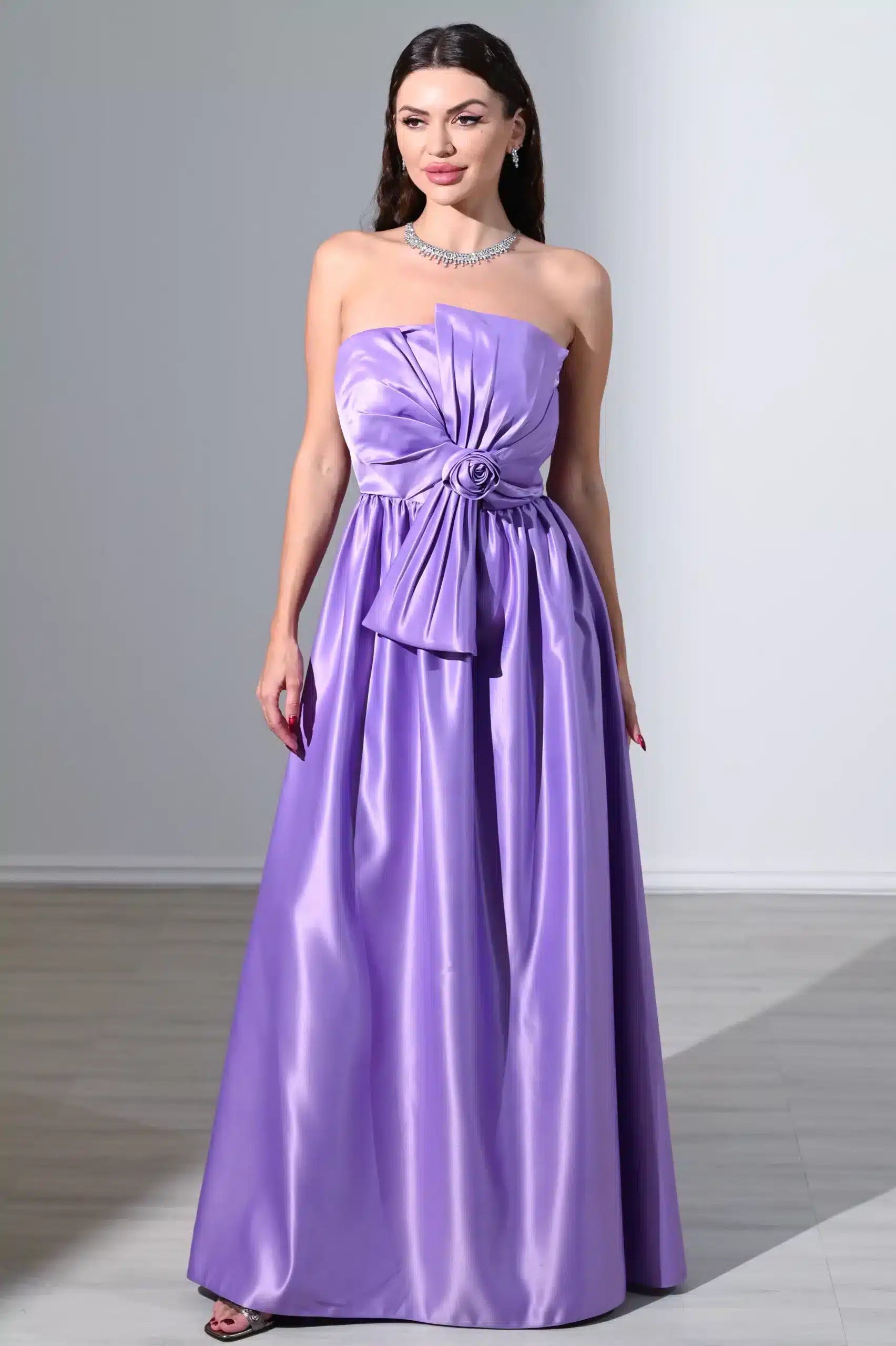 Rose Detailed Strapless Satin Dress