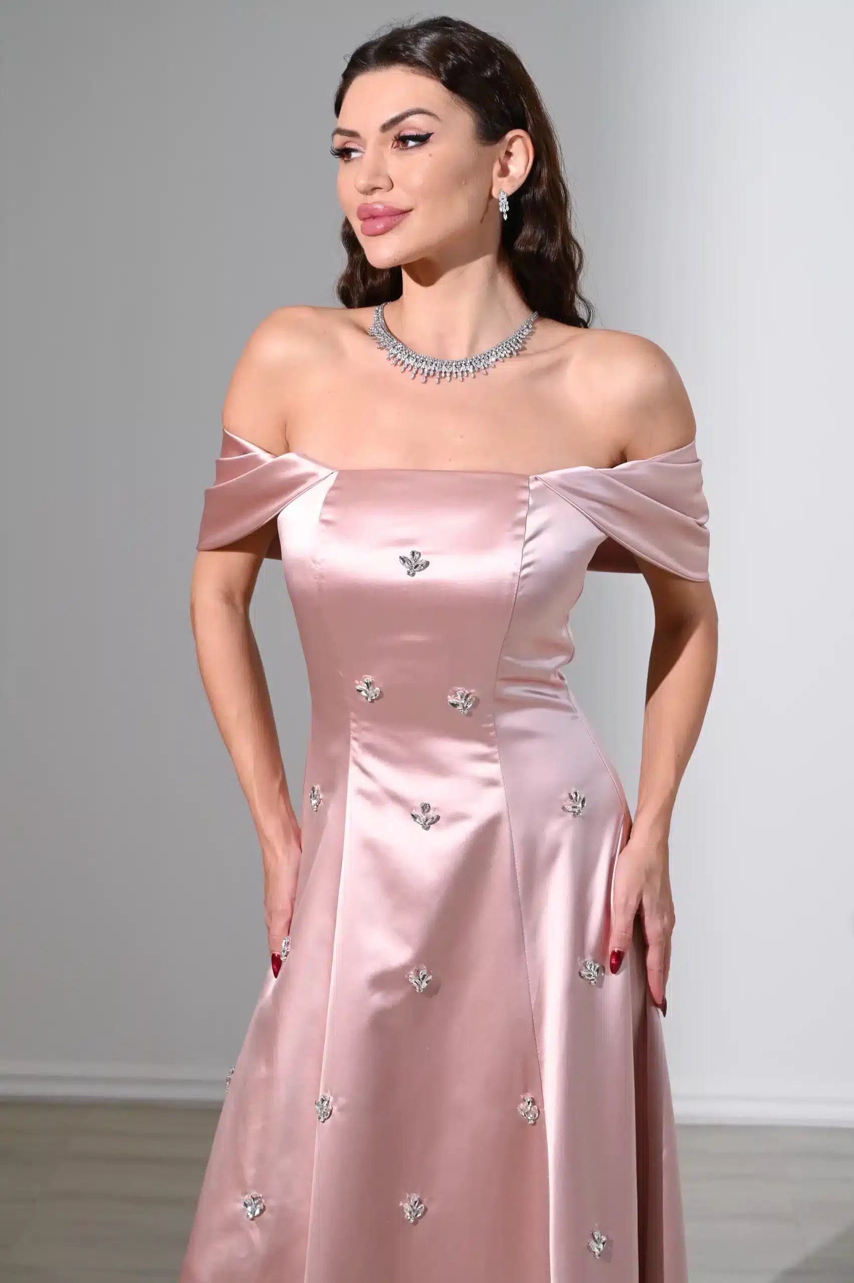 Off Shoulder Embellished A-Line Dress