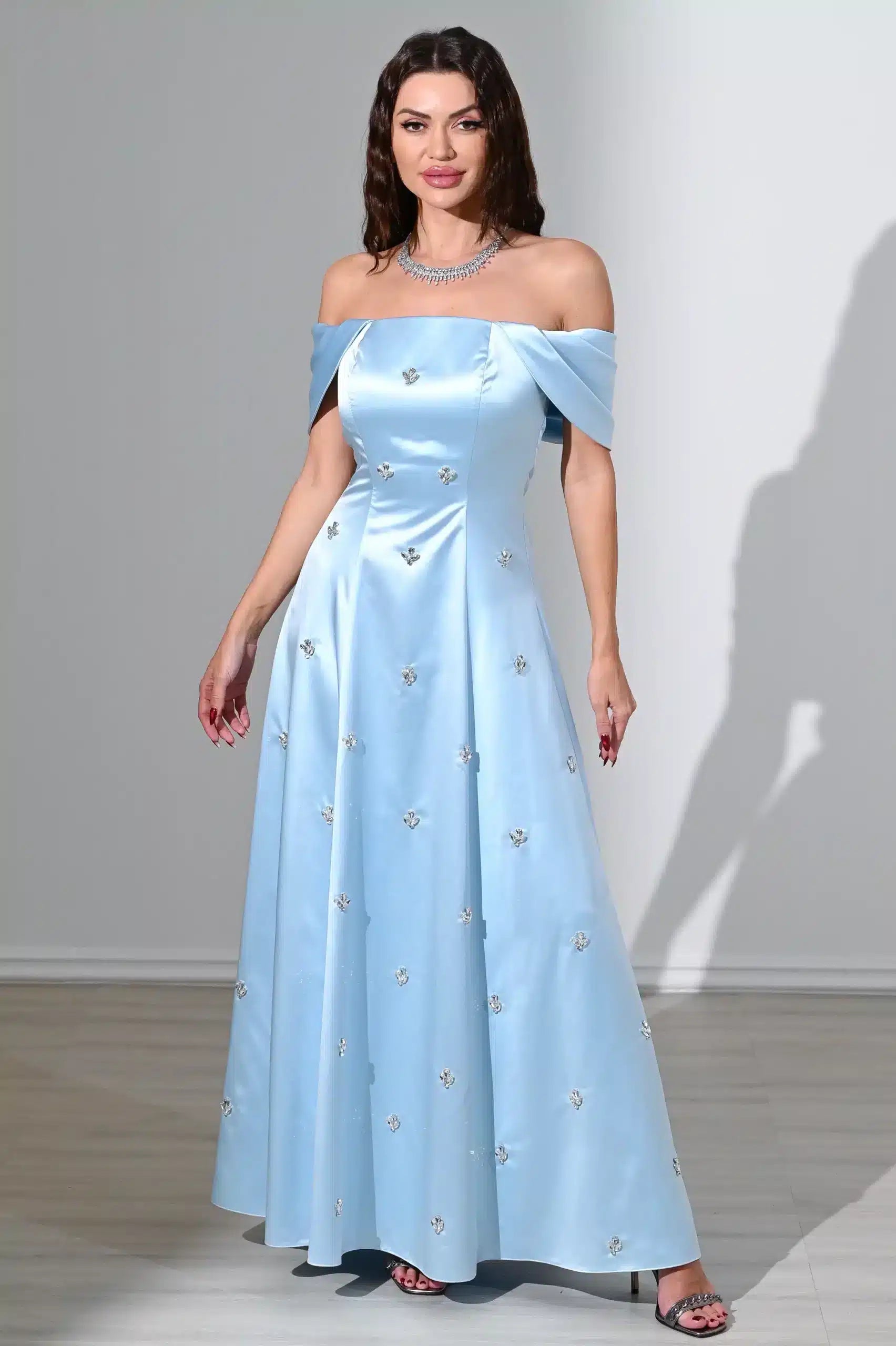 Off Shoulder Embellished A-Line Dress