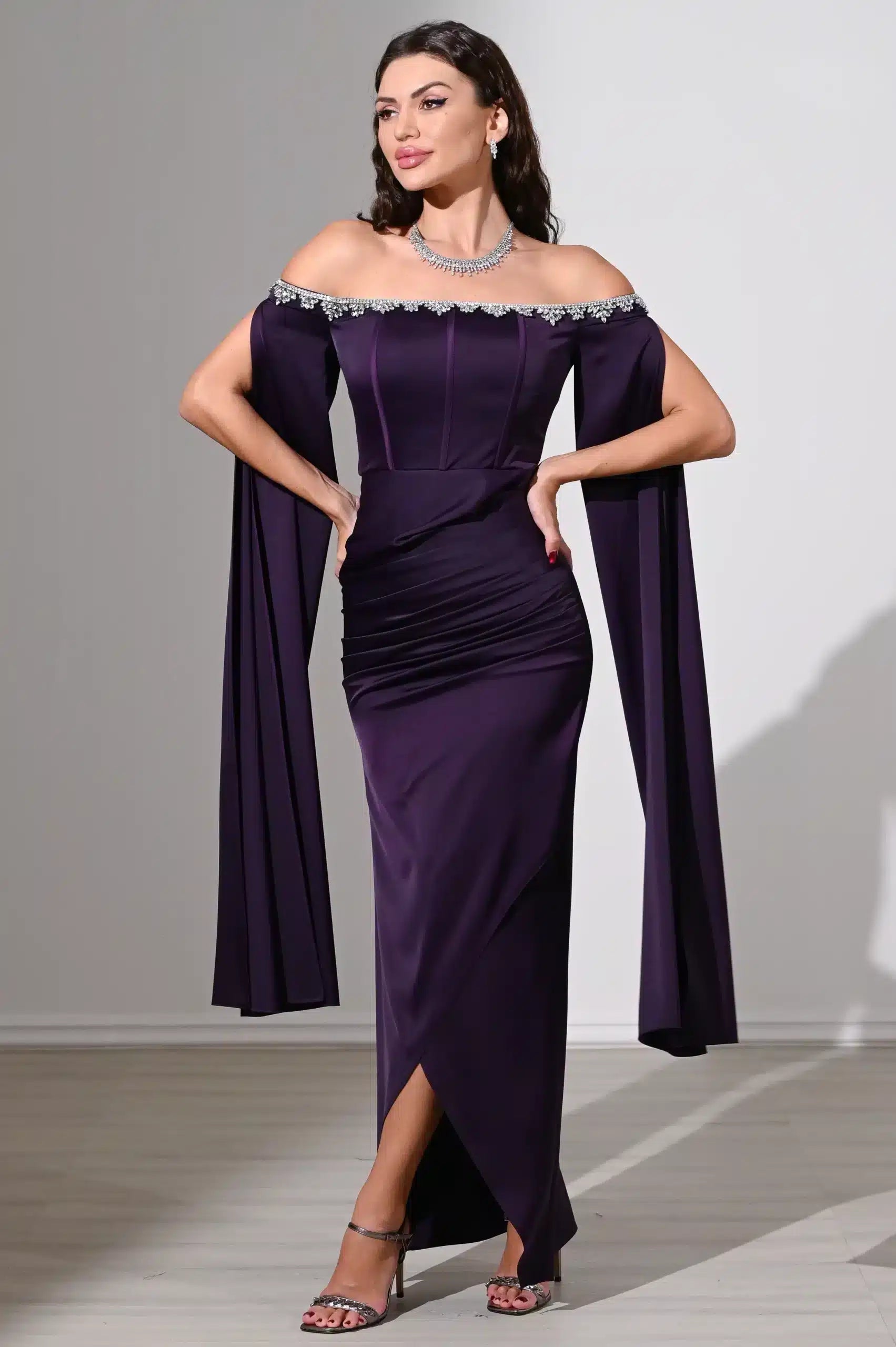 flute sleeves off shoulder satin dress ED0800 / 625 AED