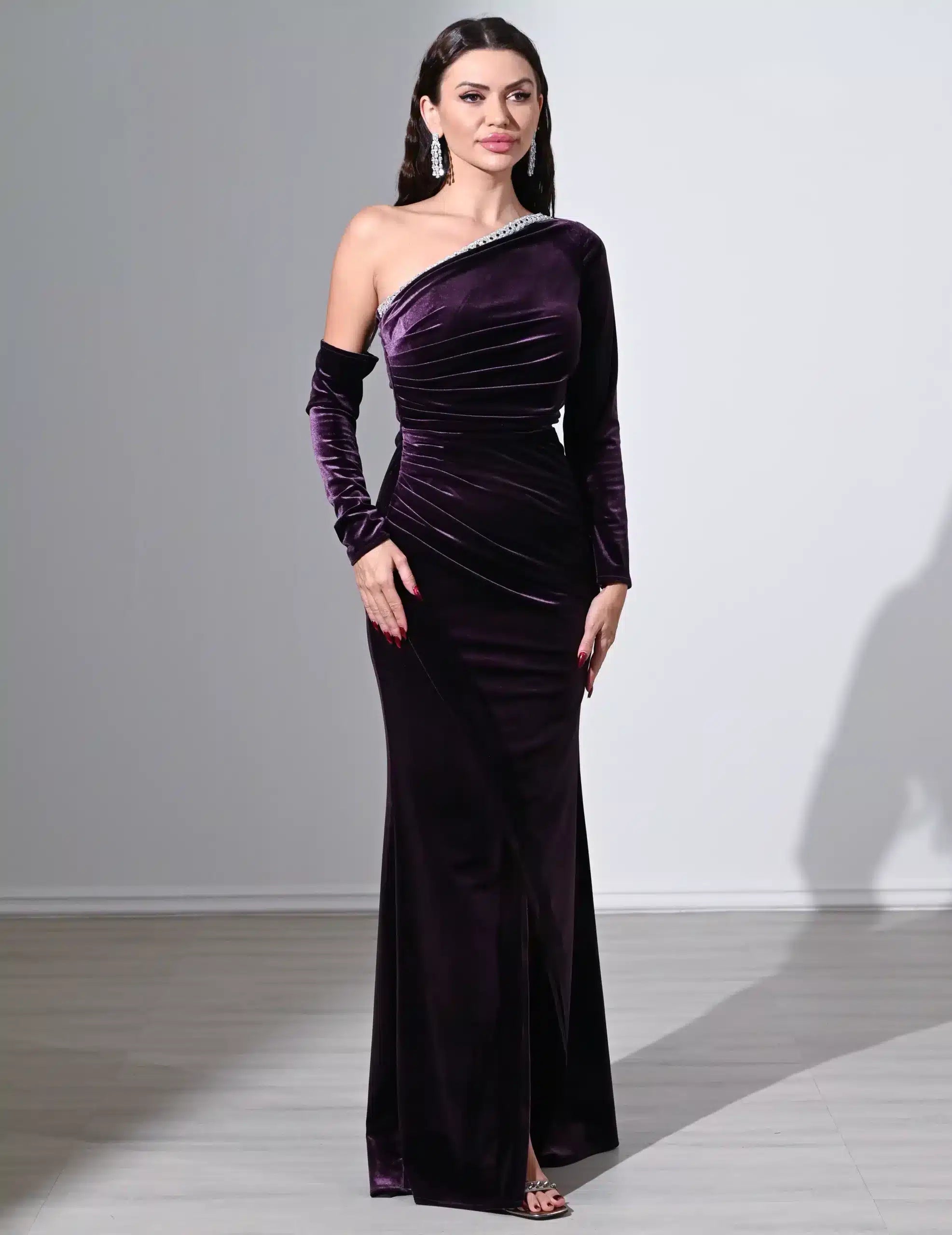 Embellished Pleated Shoulder Velvet Dress