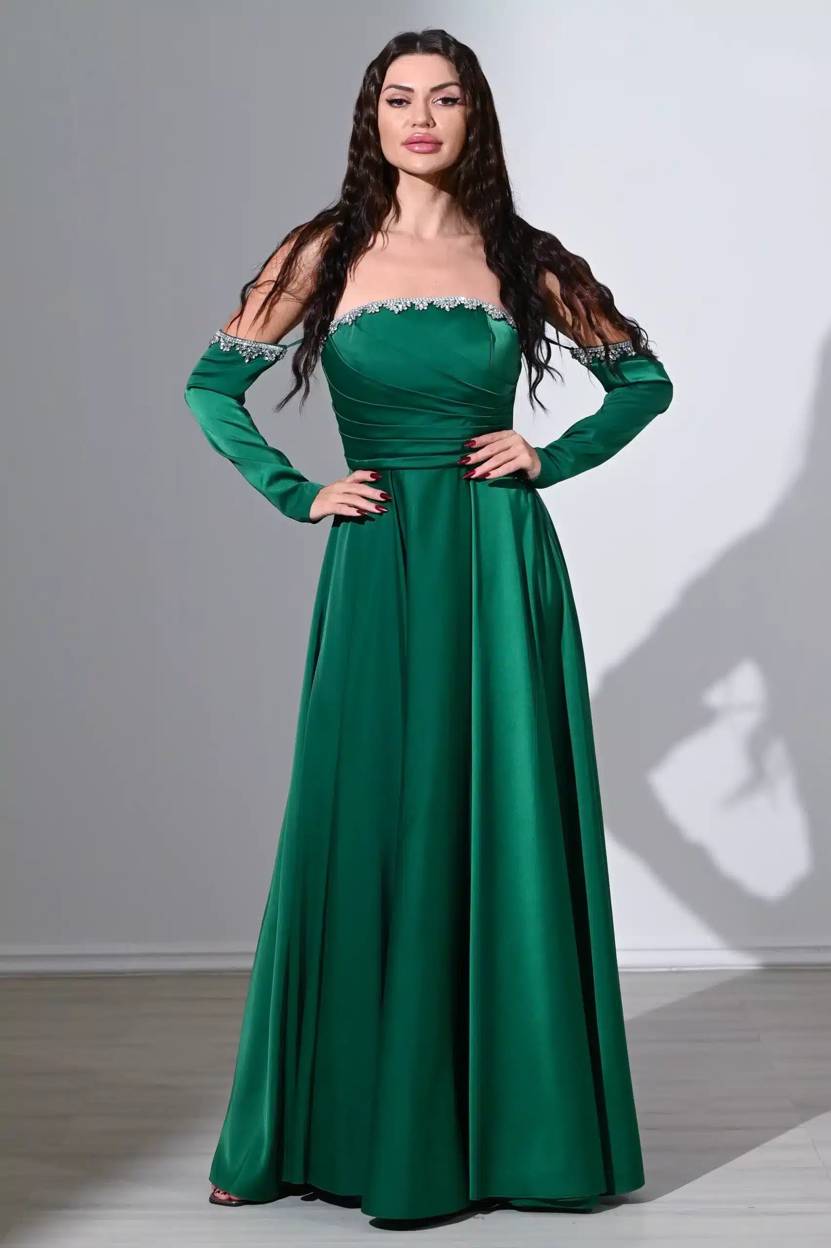 pleated bust free sleeves satin dress ED 0799 / 595 AED