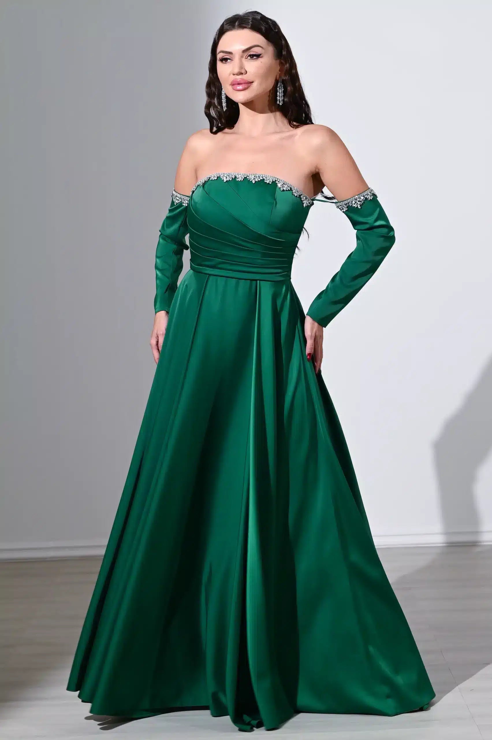 Pleated Bust Free Sleeves Satin Dress