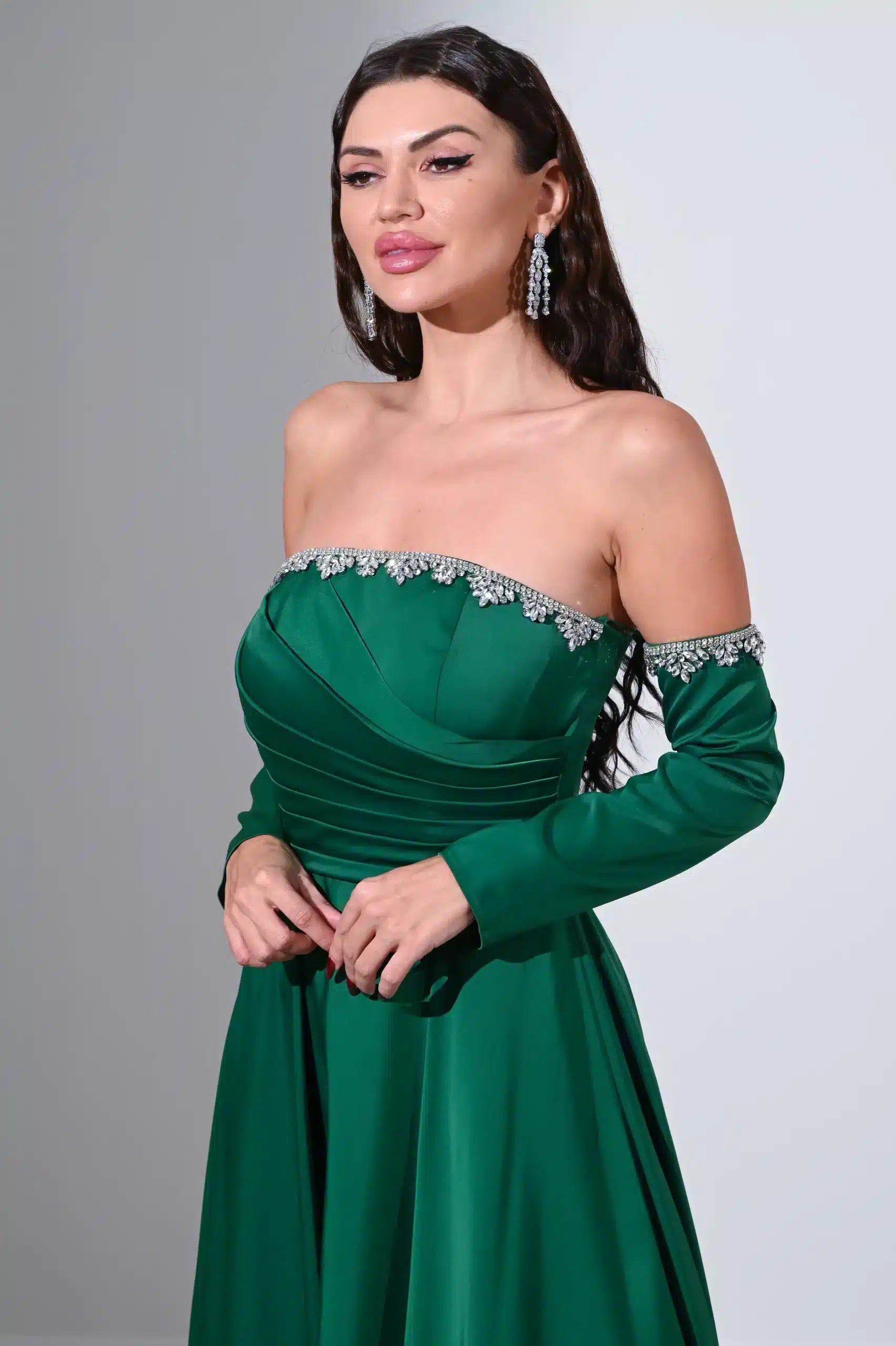 Pleated Bust Free Sleeves Satin Dress