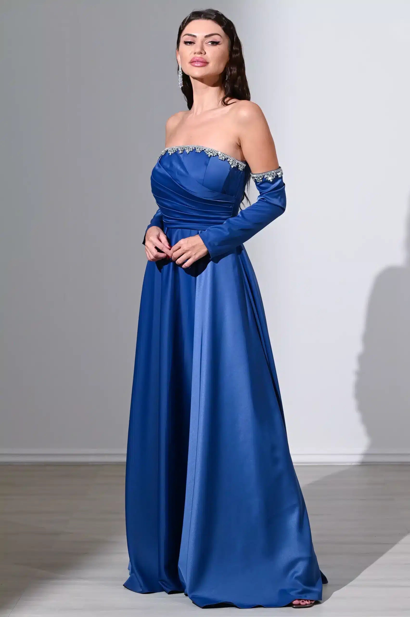 Pleated Bust Free Sleeves Satin Dress