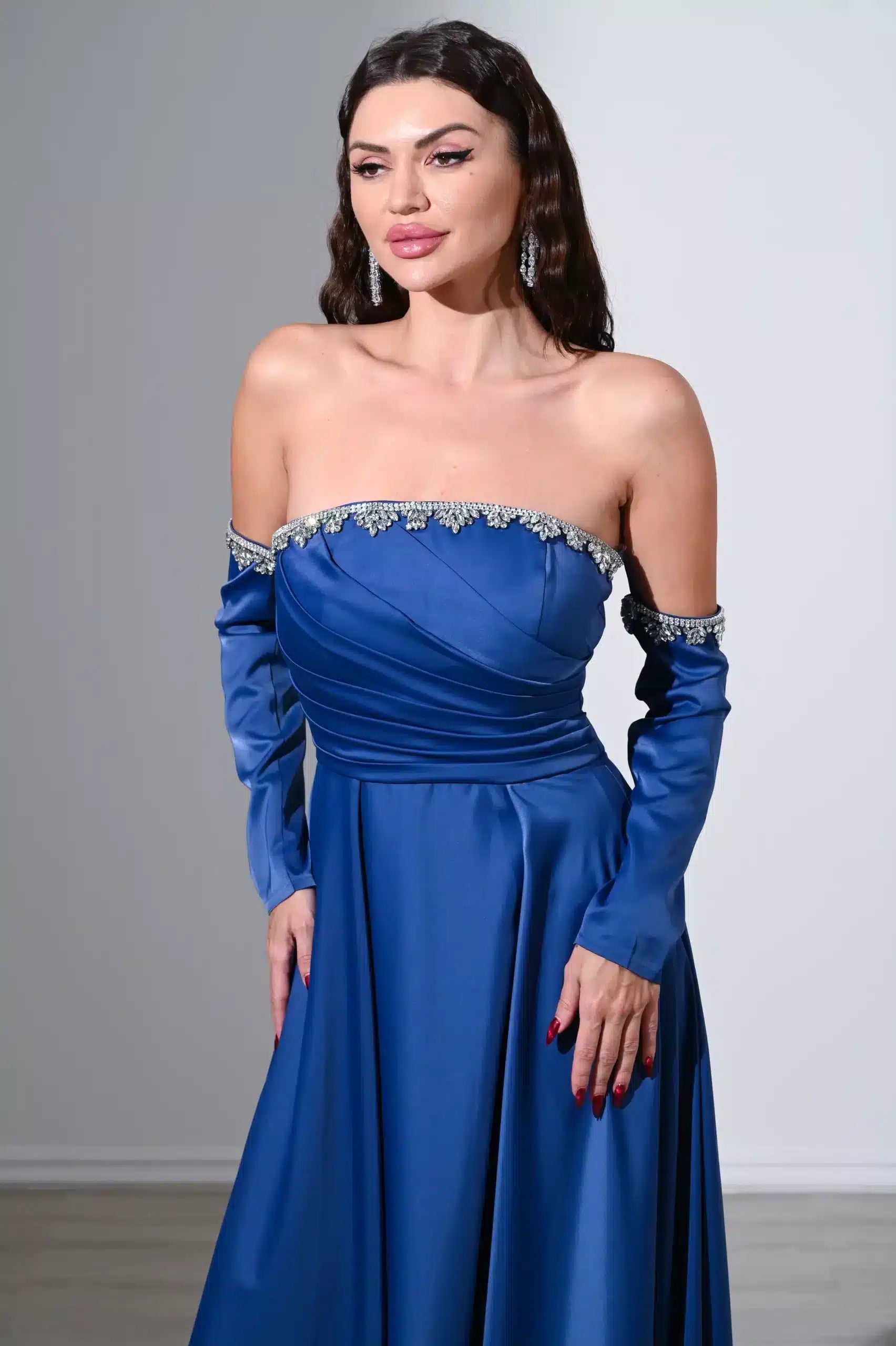 Pleated Bust Free Sleeves Satin Dress