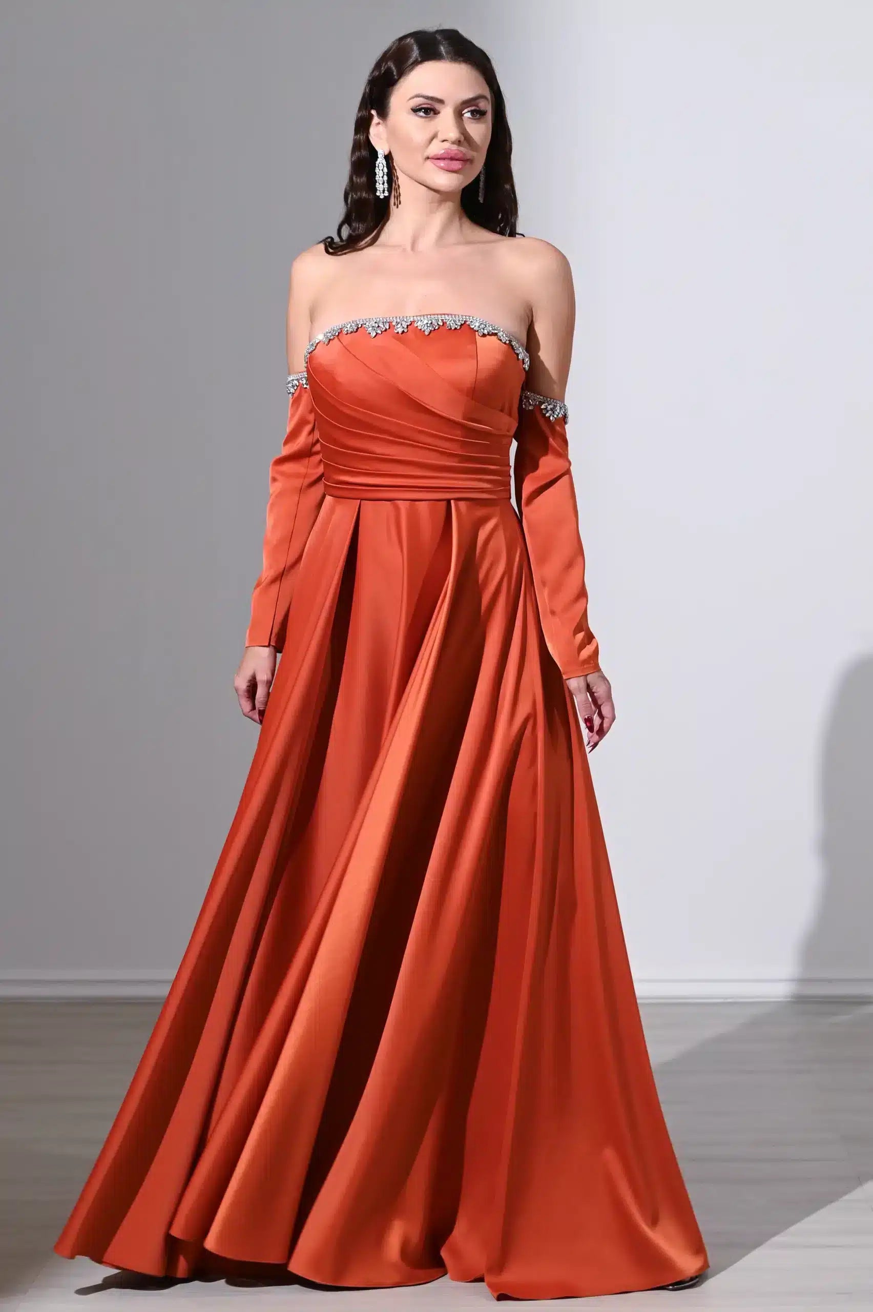 Pleated Bust Free Sleeves Satin Dress