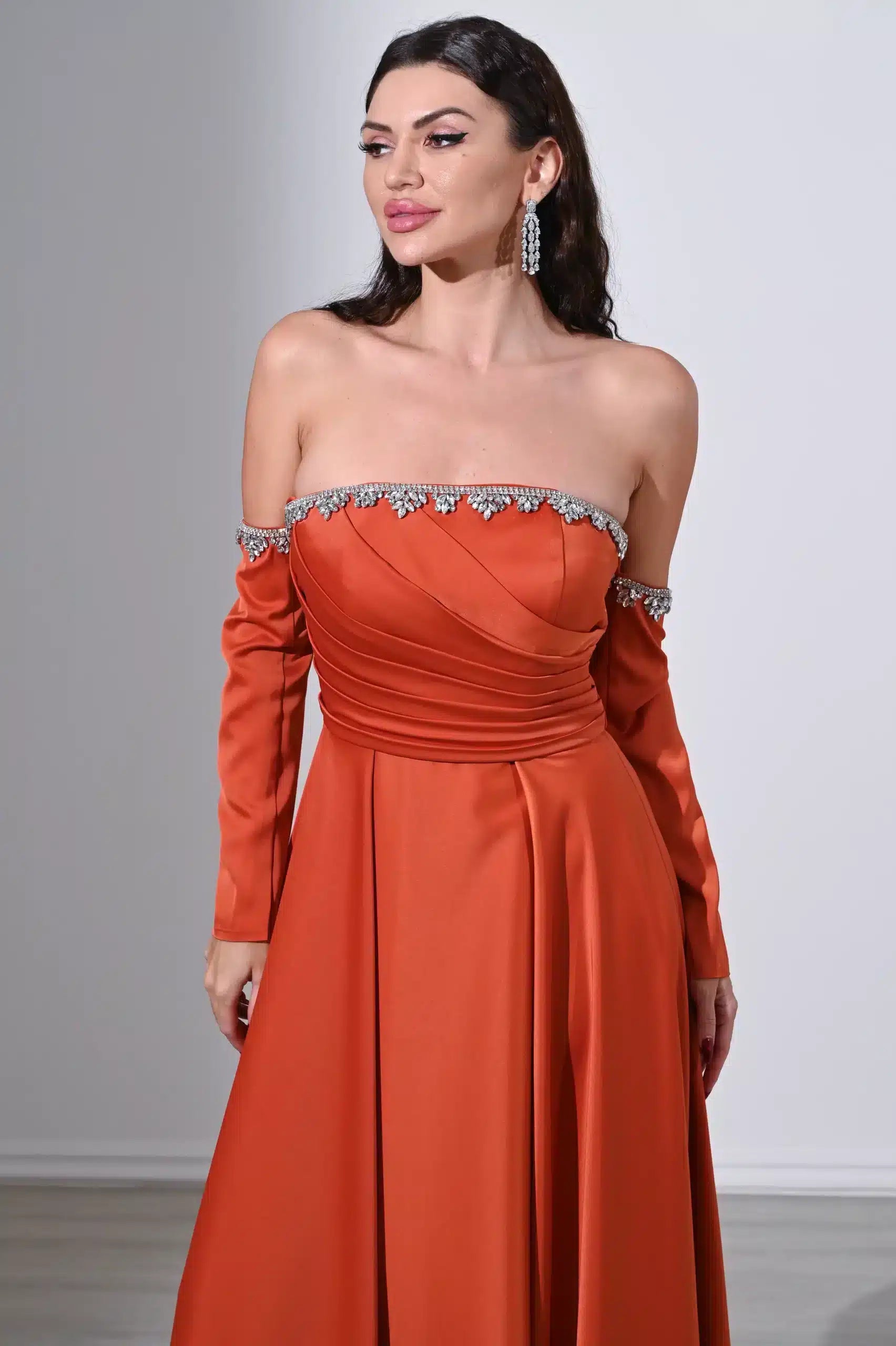 Pleated Bust Free Sleeves Satin Dress