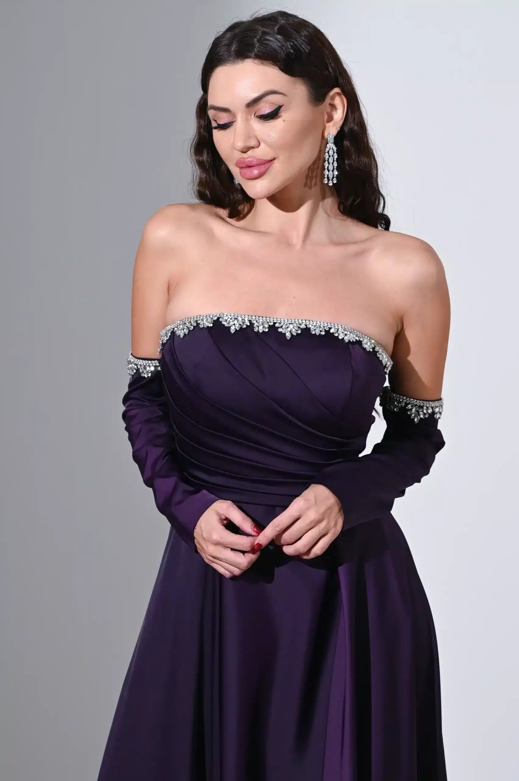 pleated bust free sleeves satin dress ED 0799 / 595 AED