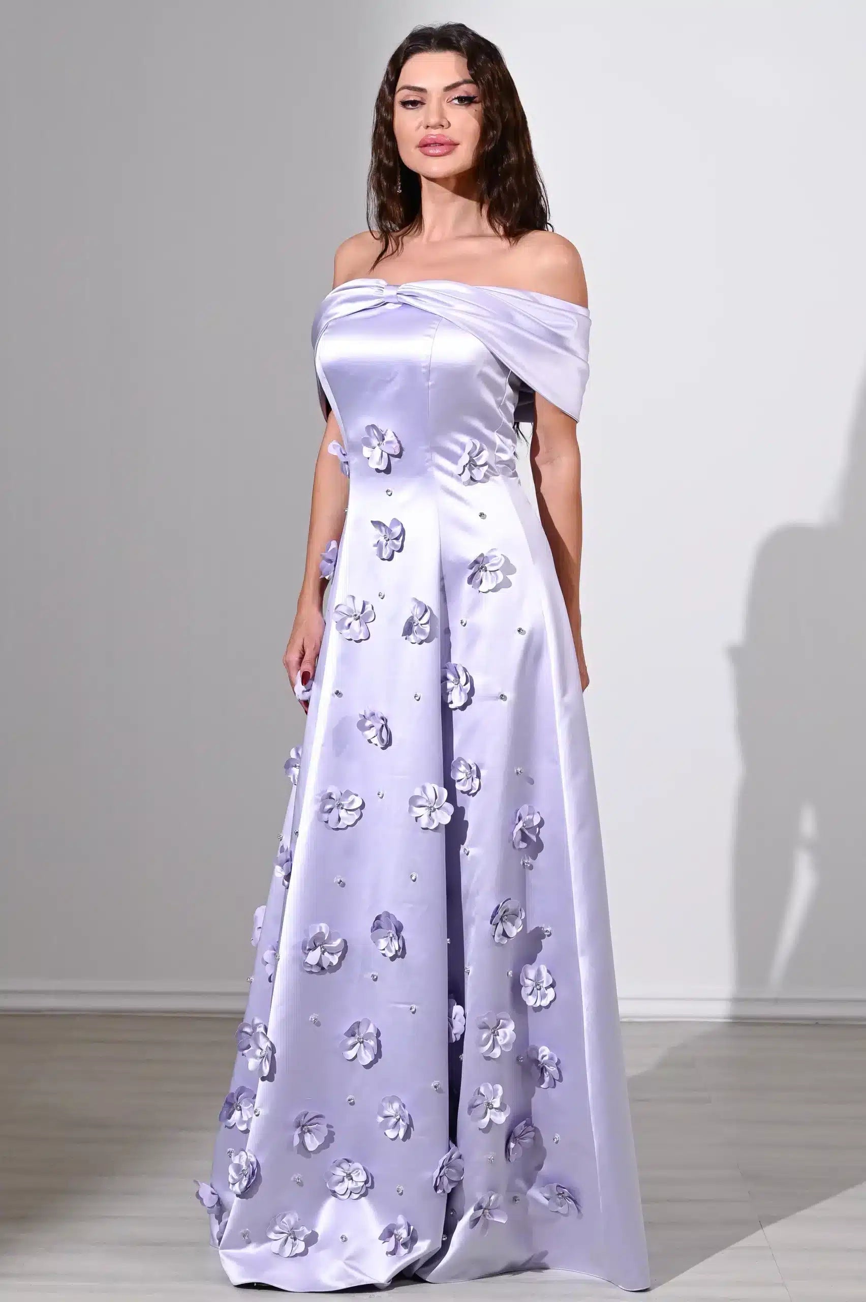 ribbon bust flowers details satin dress ED0804 / 685