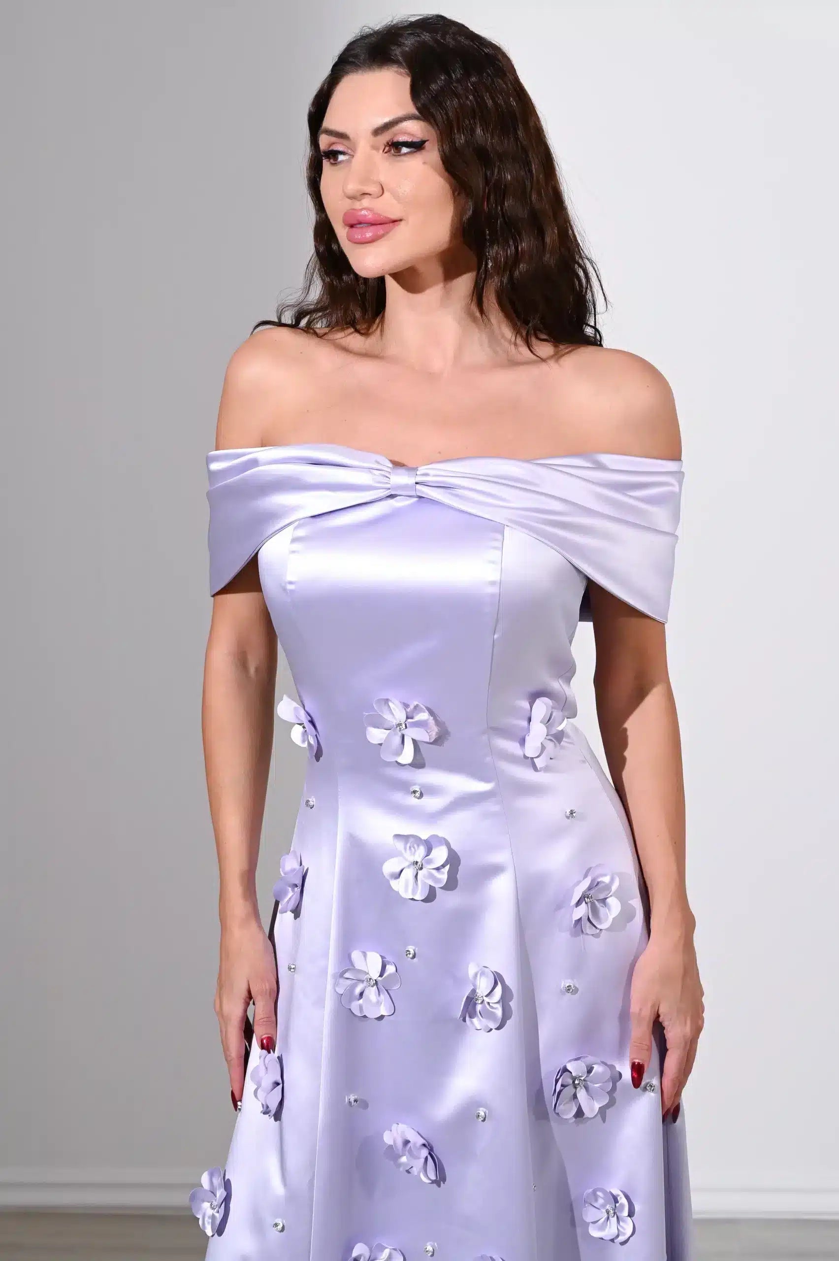 Ribbon Bust Flowers Details Satin Dress