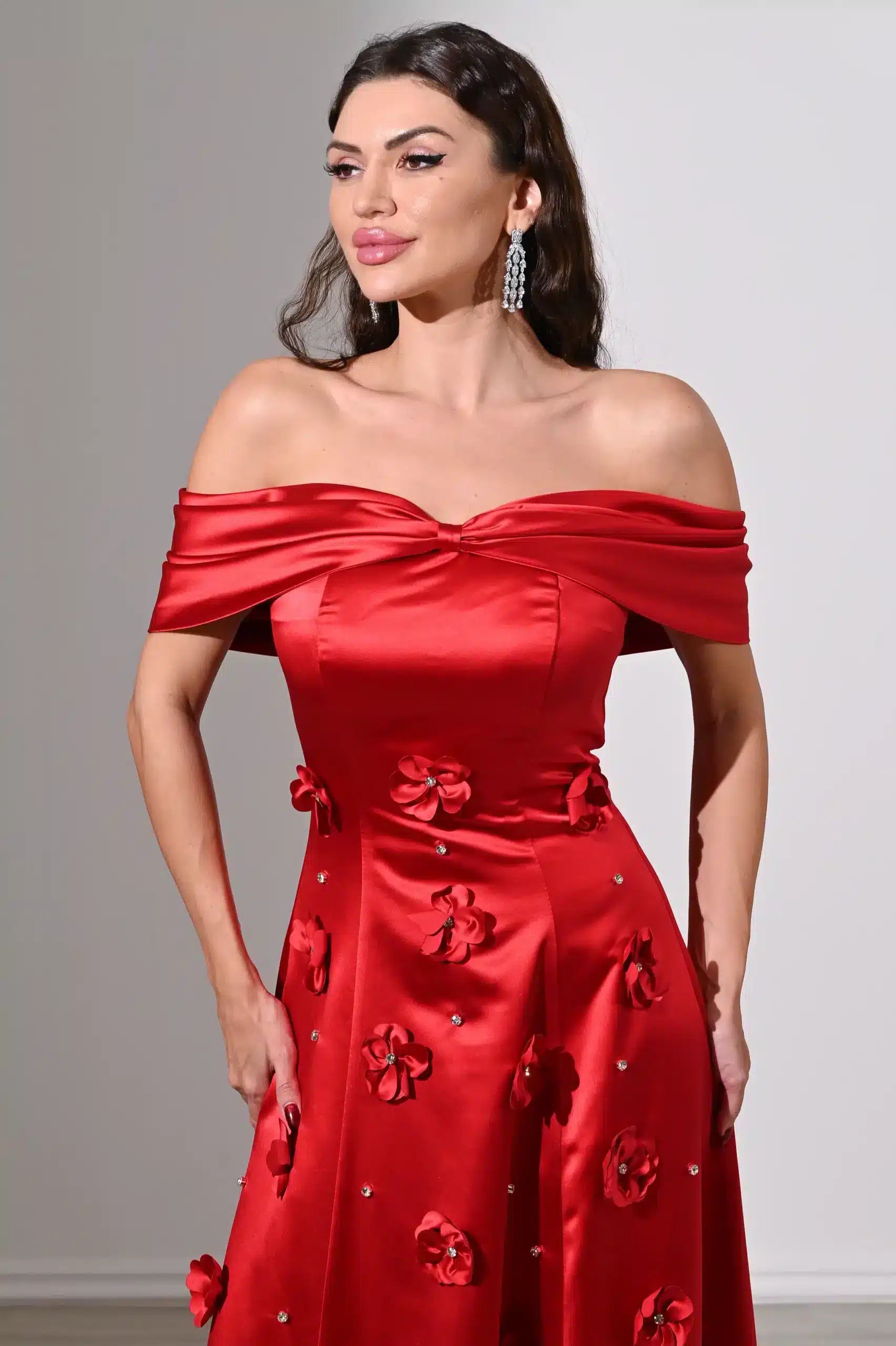 Ribbon Bust Flowers Details Satin Dress