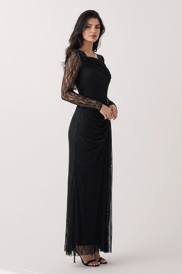 Draped Bust Beaded Waist Dantel Dress