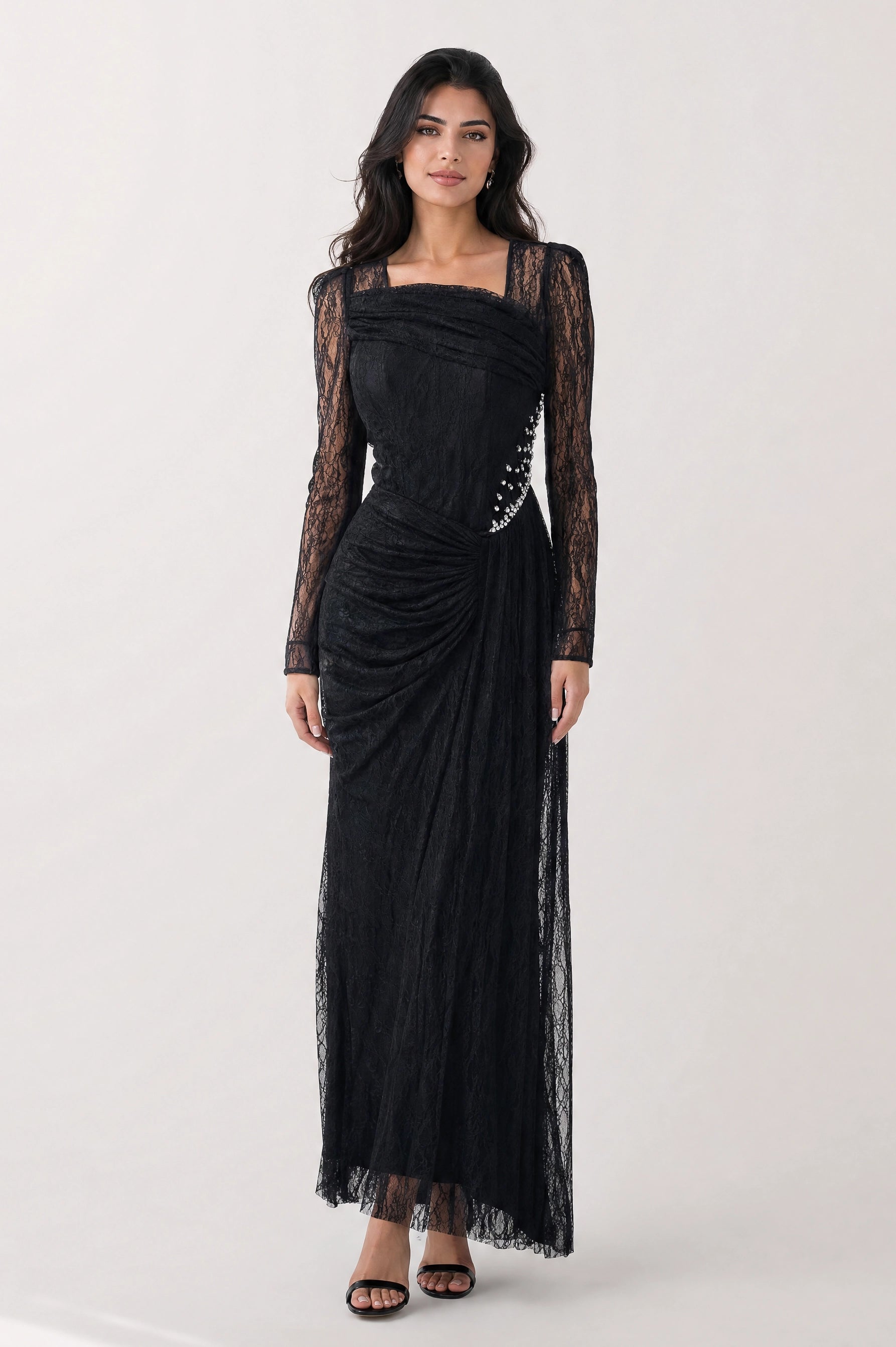Draped Bust Beaded Waist Dantel Dress