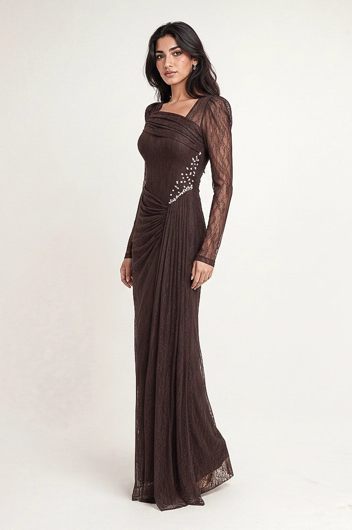 Draped Bust Beaded Waist Dantel Dress