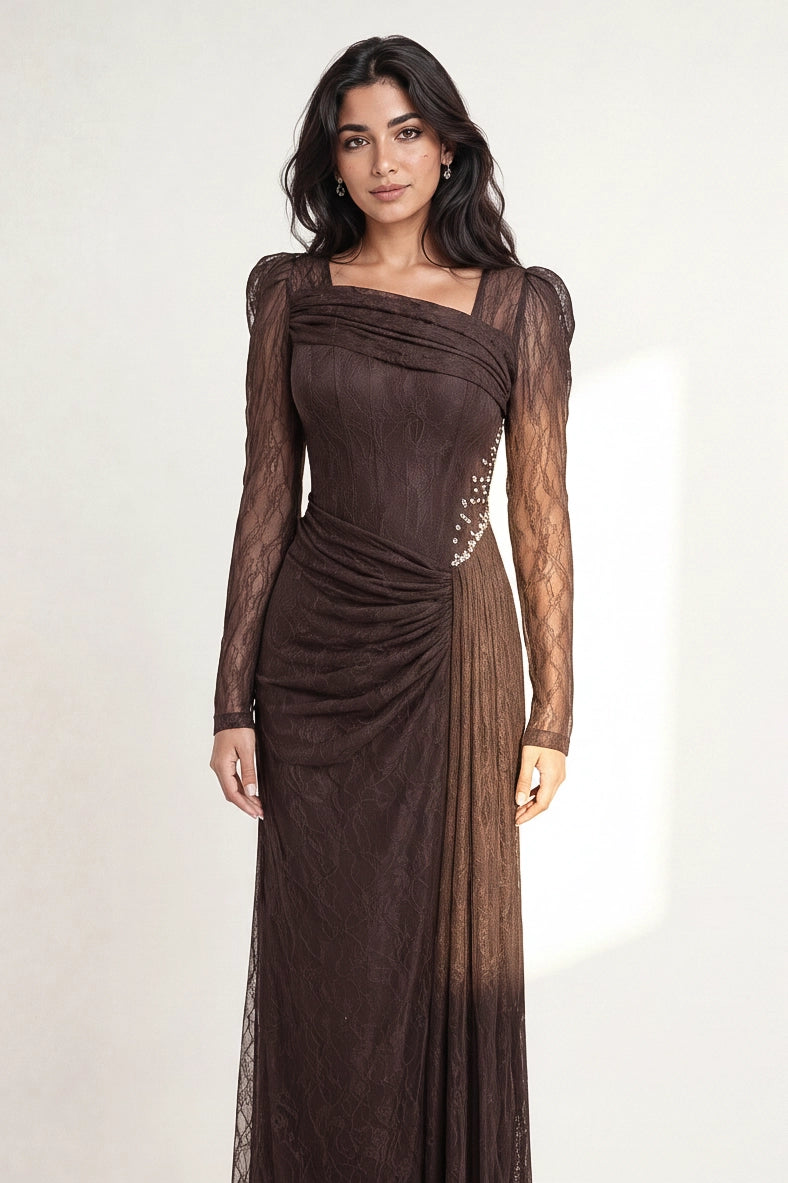 Draped Bust Beaded Waist Dantel Dress