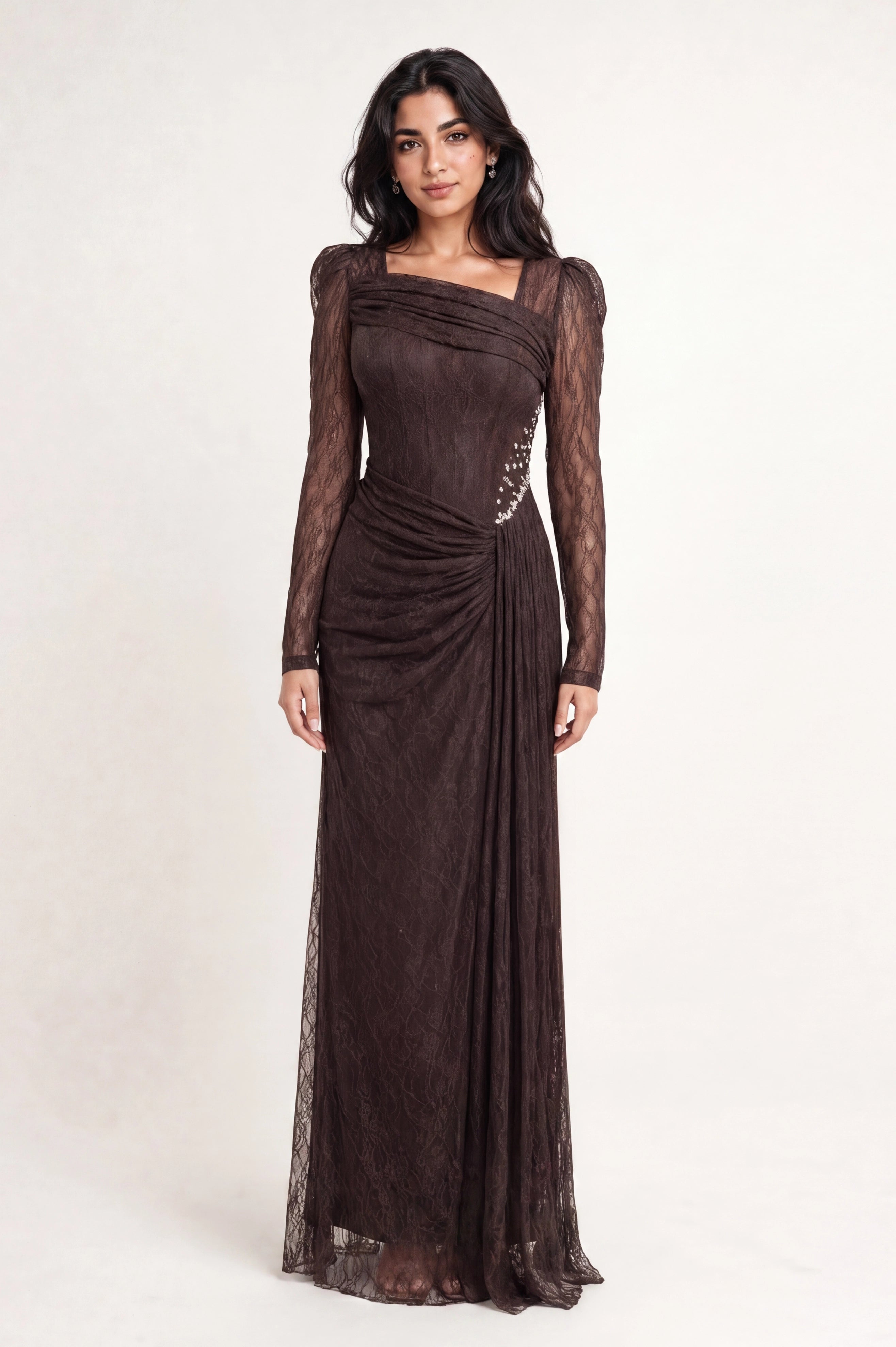 Draped Bust Beaded Waist Dantel Dress