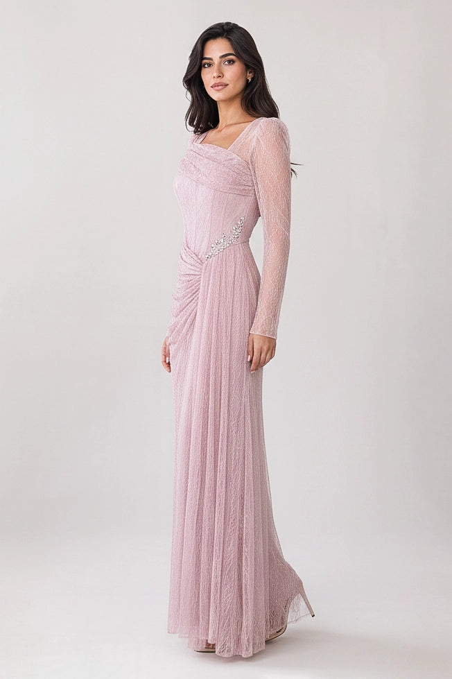 Draped Bust Beaded Waist Dantel Dress