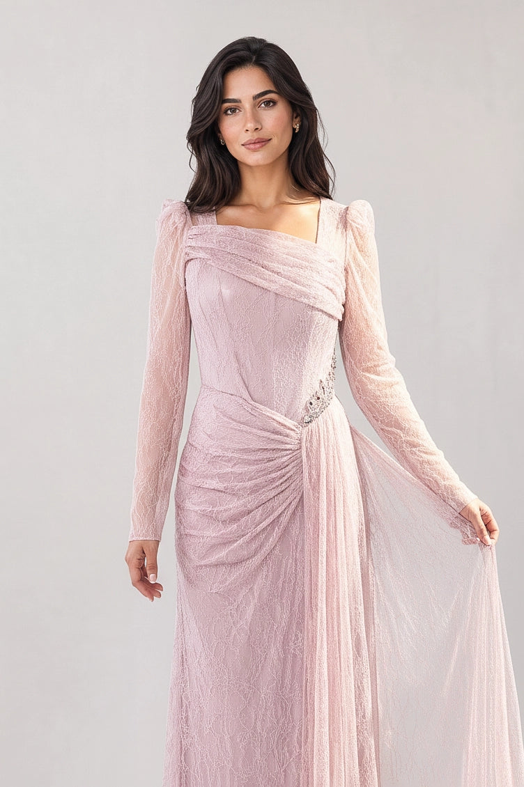 Draped Bust Beaded Waist Dantel Dress