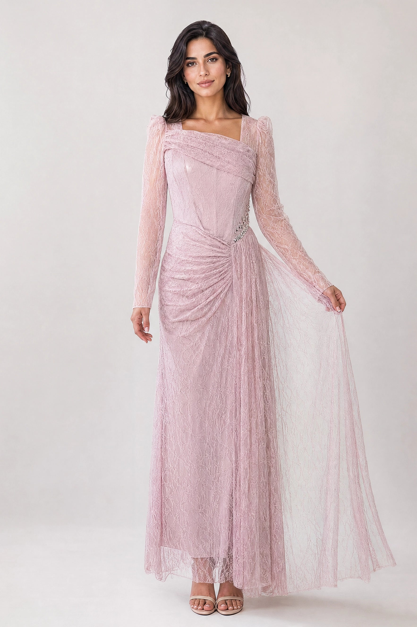 Draped Bust Beaded Waist Dantel Dress