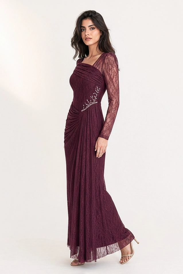Draped Bust Beaded Waist Dantel Dress